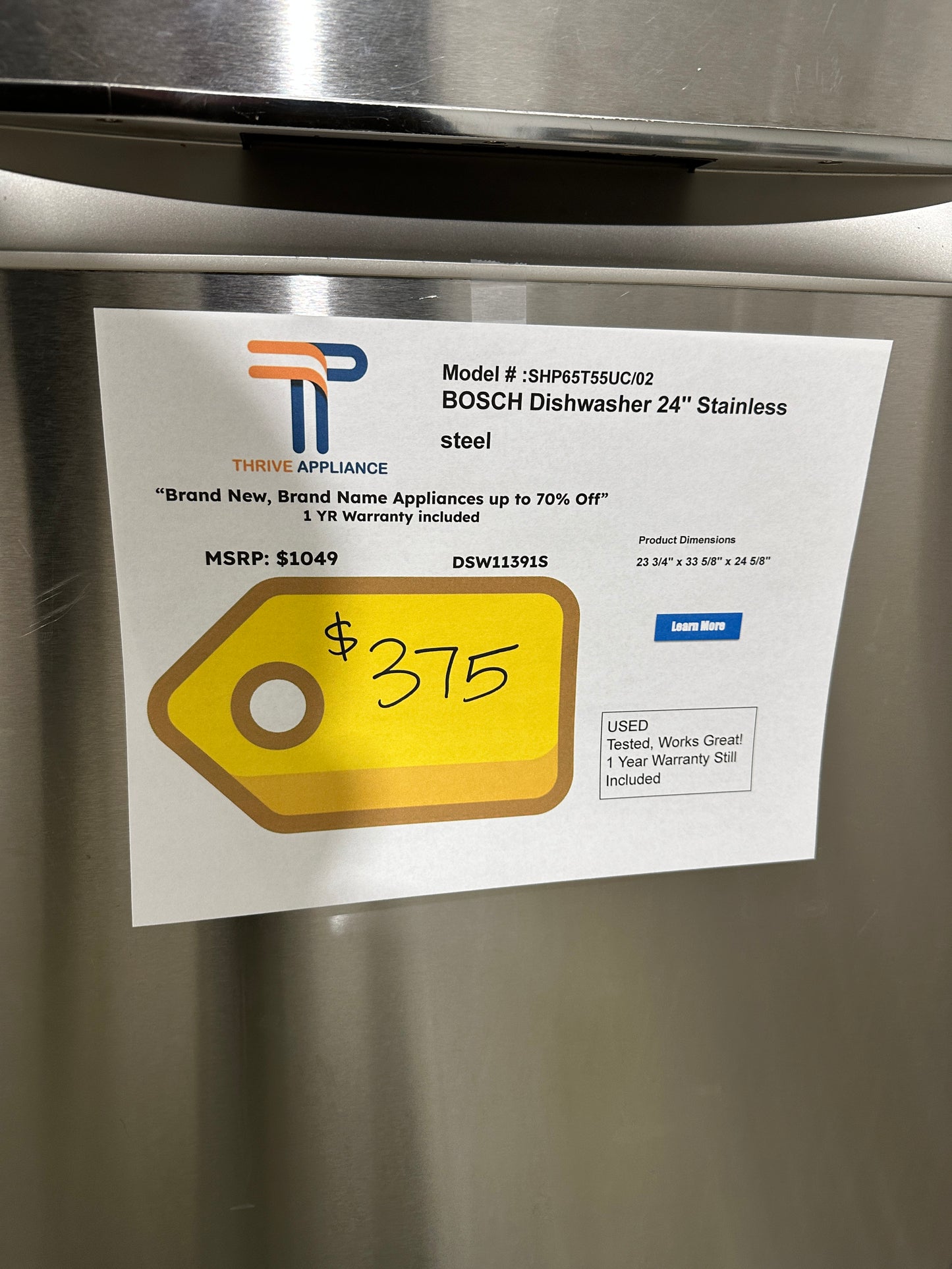 GENTLY USED BOSCH DISHWASHER with FULL WARRANTY INCLUDED MODEL: SHP65T55UC/02 DSW11391S