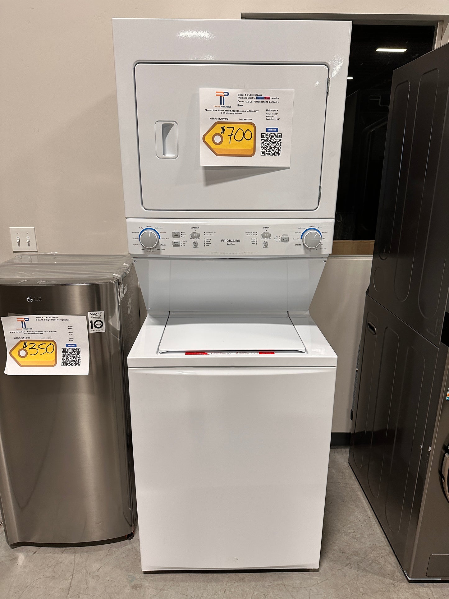 FRIGIDAIRE TOP LOAD WASHER ELECTRIC DRYER STACKED LAUNDRY UNIT MODEL: FLCE7522AW WAS13136