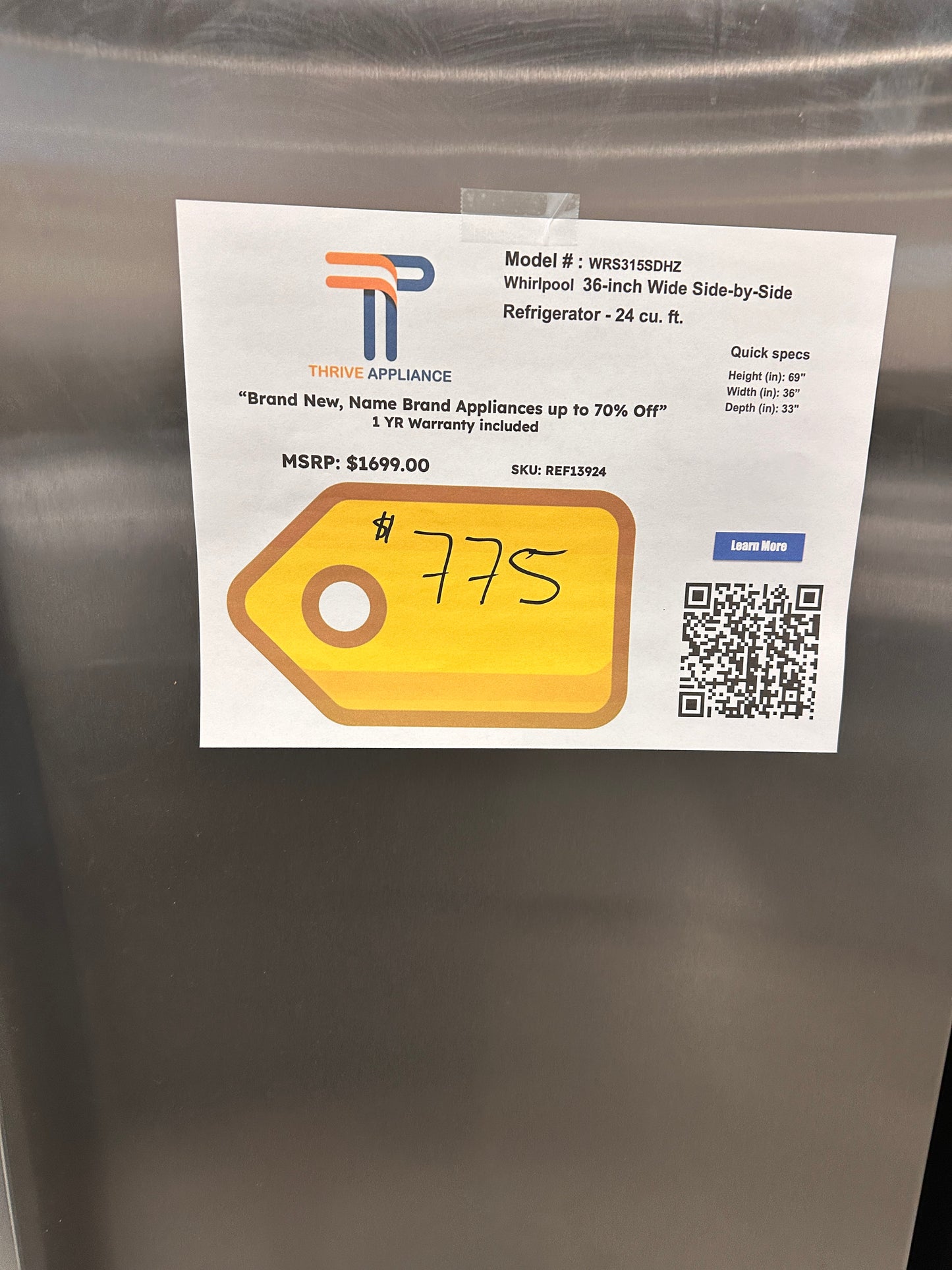 SLEEK AND NEW! Whirlpool 36 Side-by-Side Refrigerator MODEL: WRS315SDHZ REF13924