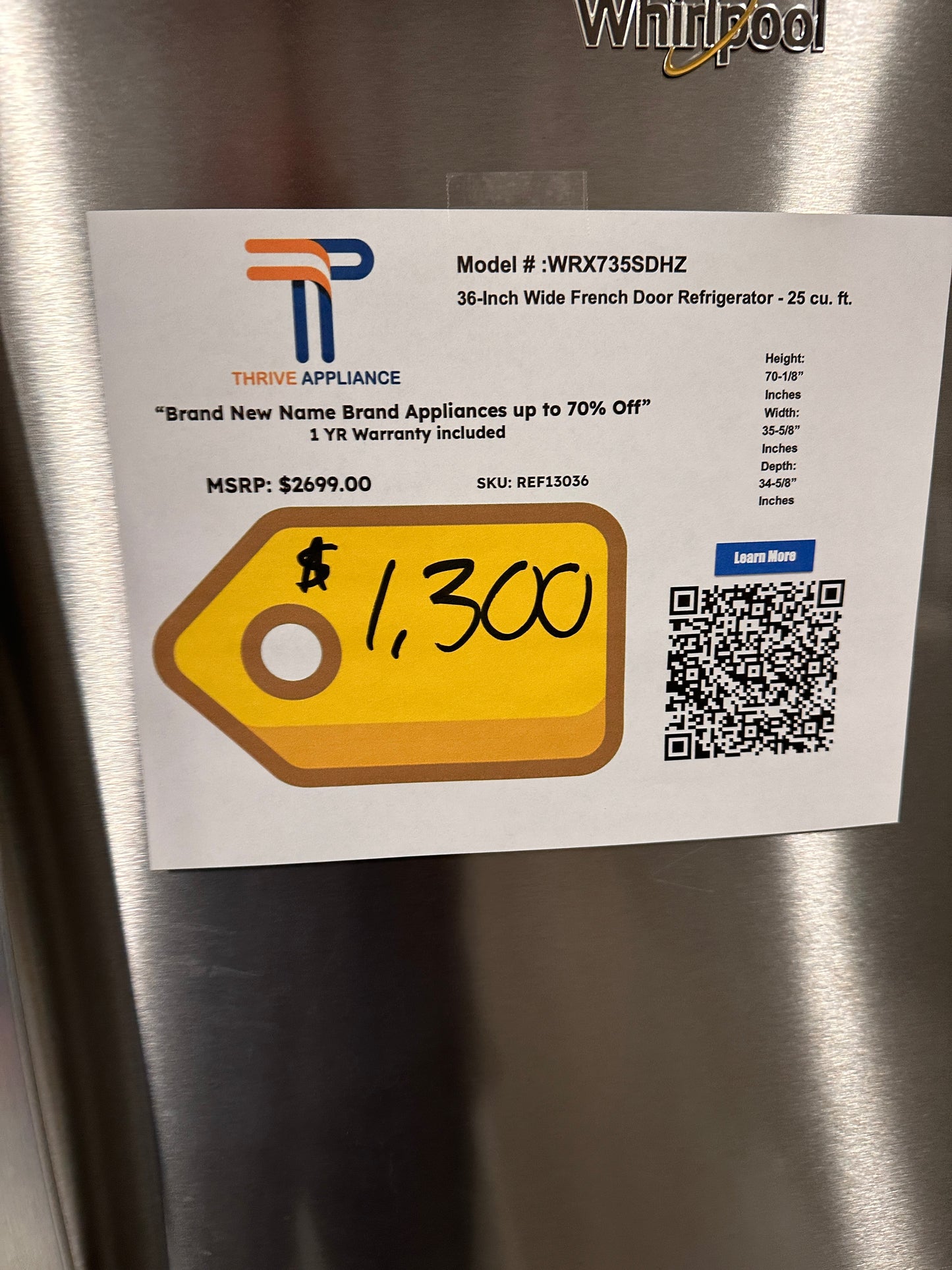 GREAT NEW WHIRLPOOL FRENCH DOOR FRIDGE MODEL: WRX735SDHZ REF13036
