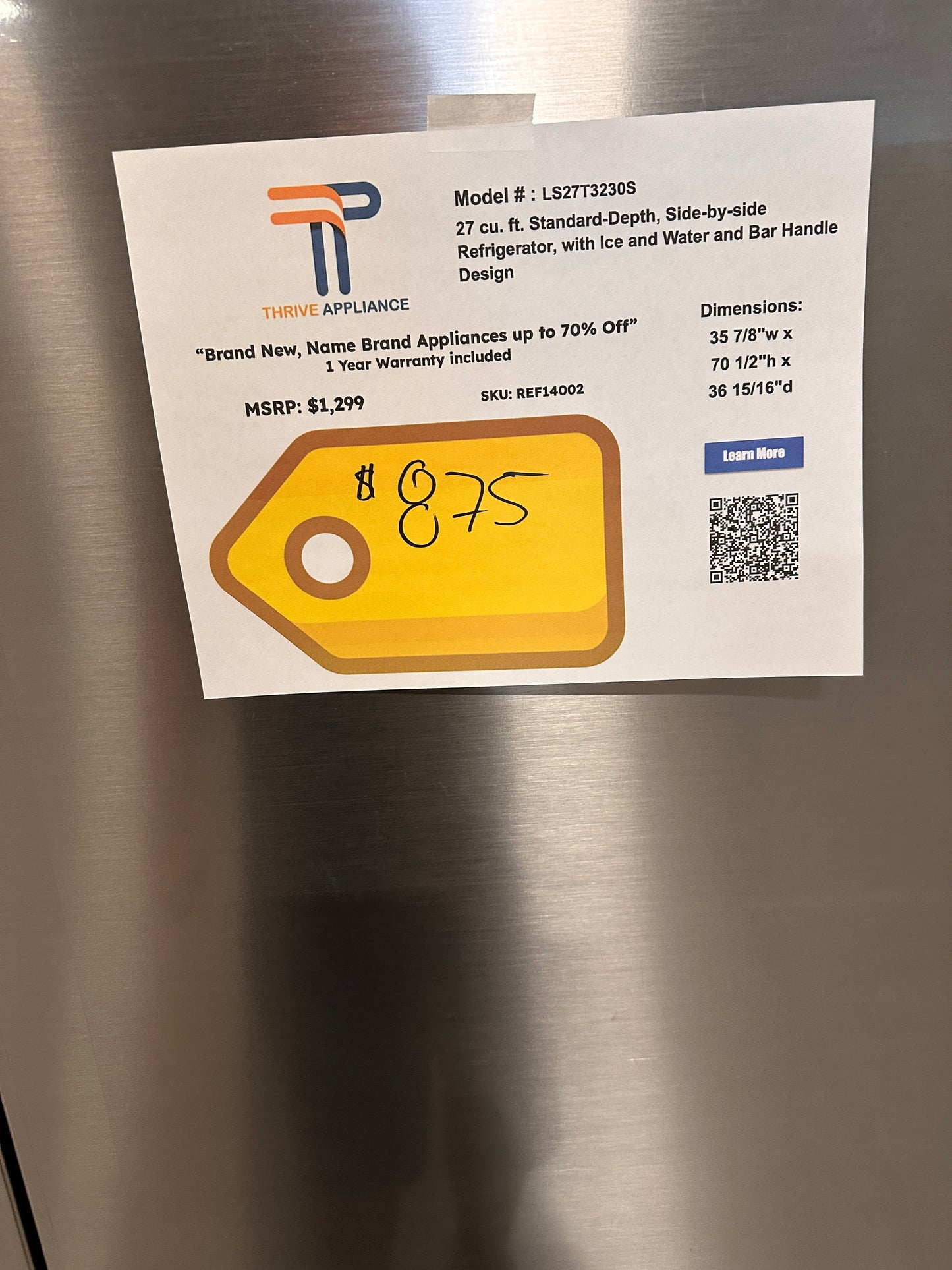BRAND NEW LG STANDARD-DEPTH REFRIGERATOR with ICE AND WATER MODEL: LS27T3230S REF14002