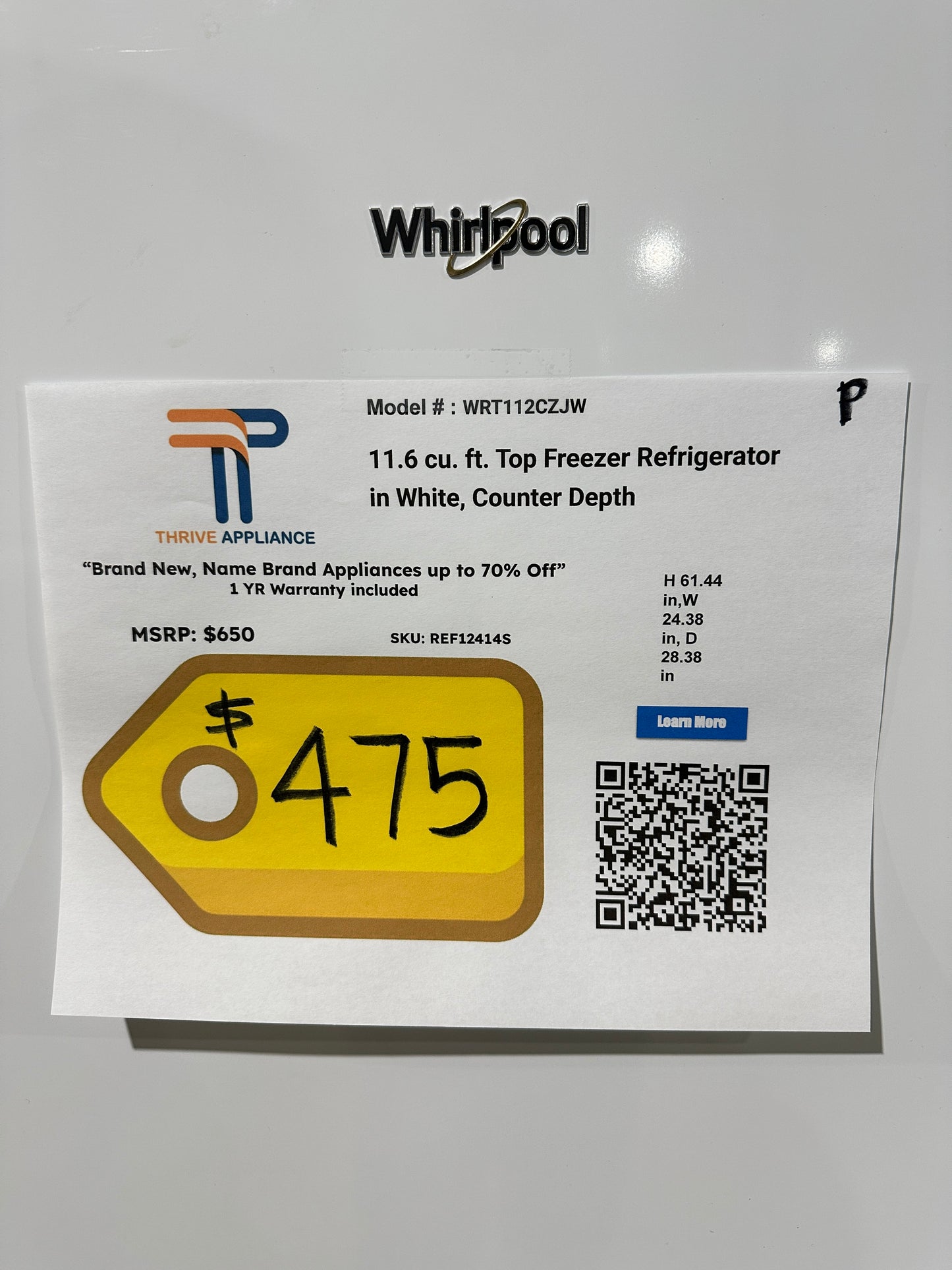 GORGEOUS WHIRLPOOL TOP FREEZER REFRIGERATOR MODEL: WRT112CZJW REF12414S