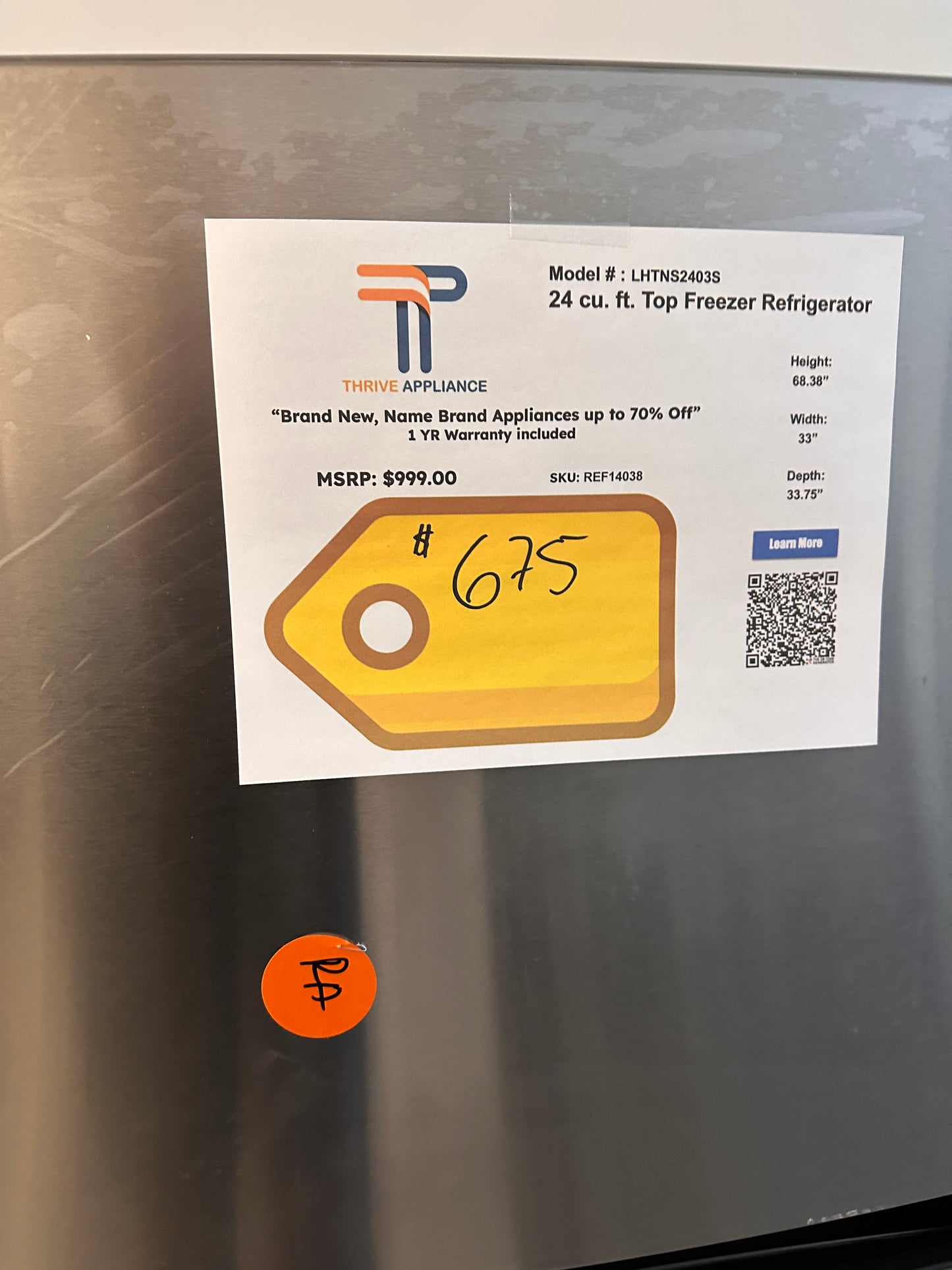 BRAND NEW LG TOP FREEZER REFRIGERATOR with INTERNAL WATER DISPENSER MODEL: LHTNS2403S REF14038