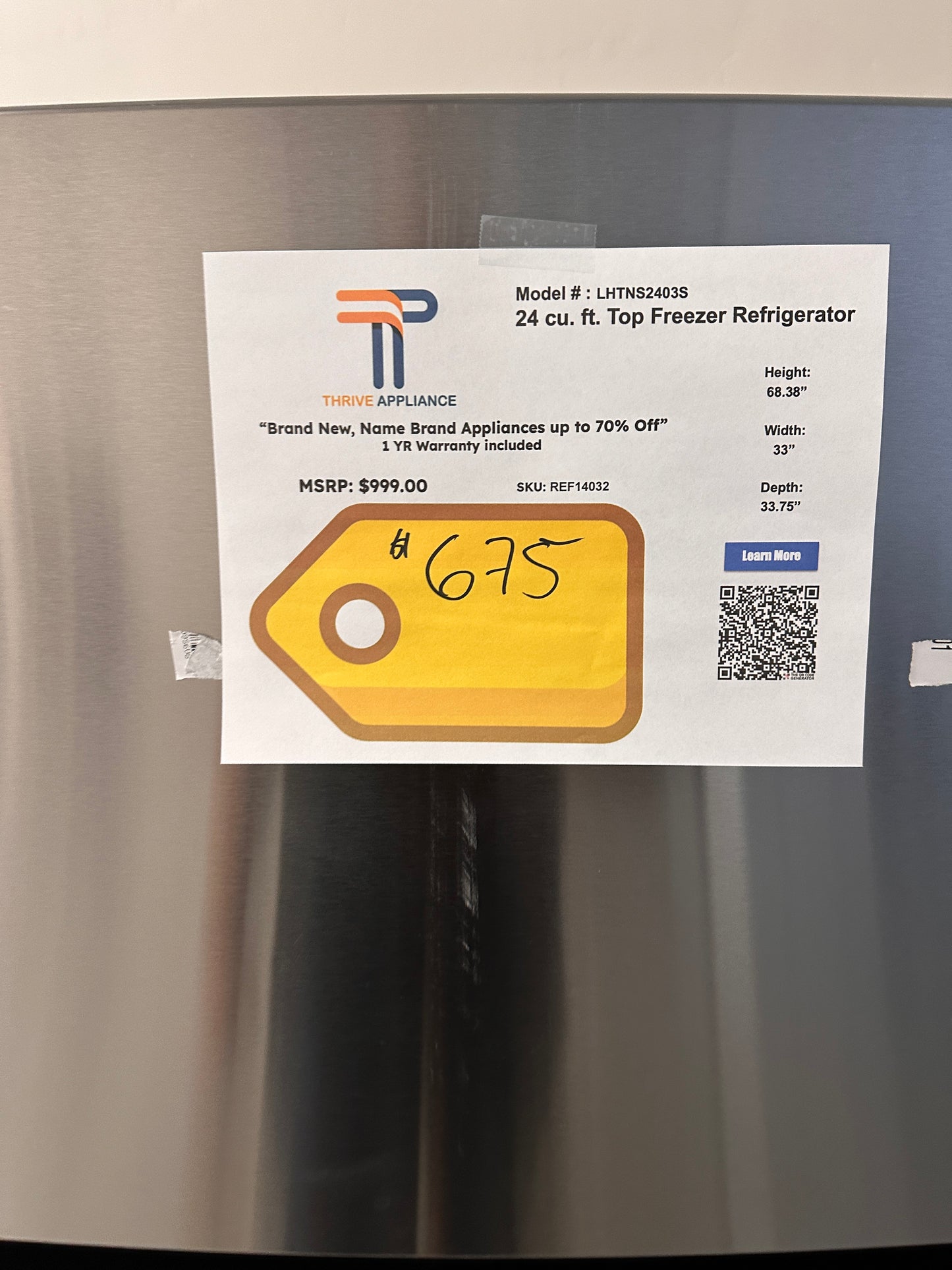 LG STAINLESS STEEL REFRIGERATOR with INTERNAL WATER DISPENSER MODEL: LHTNS2403S REF14032