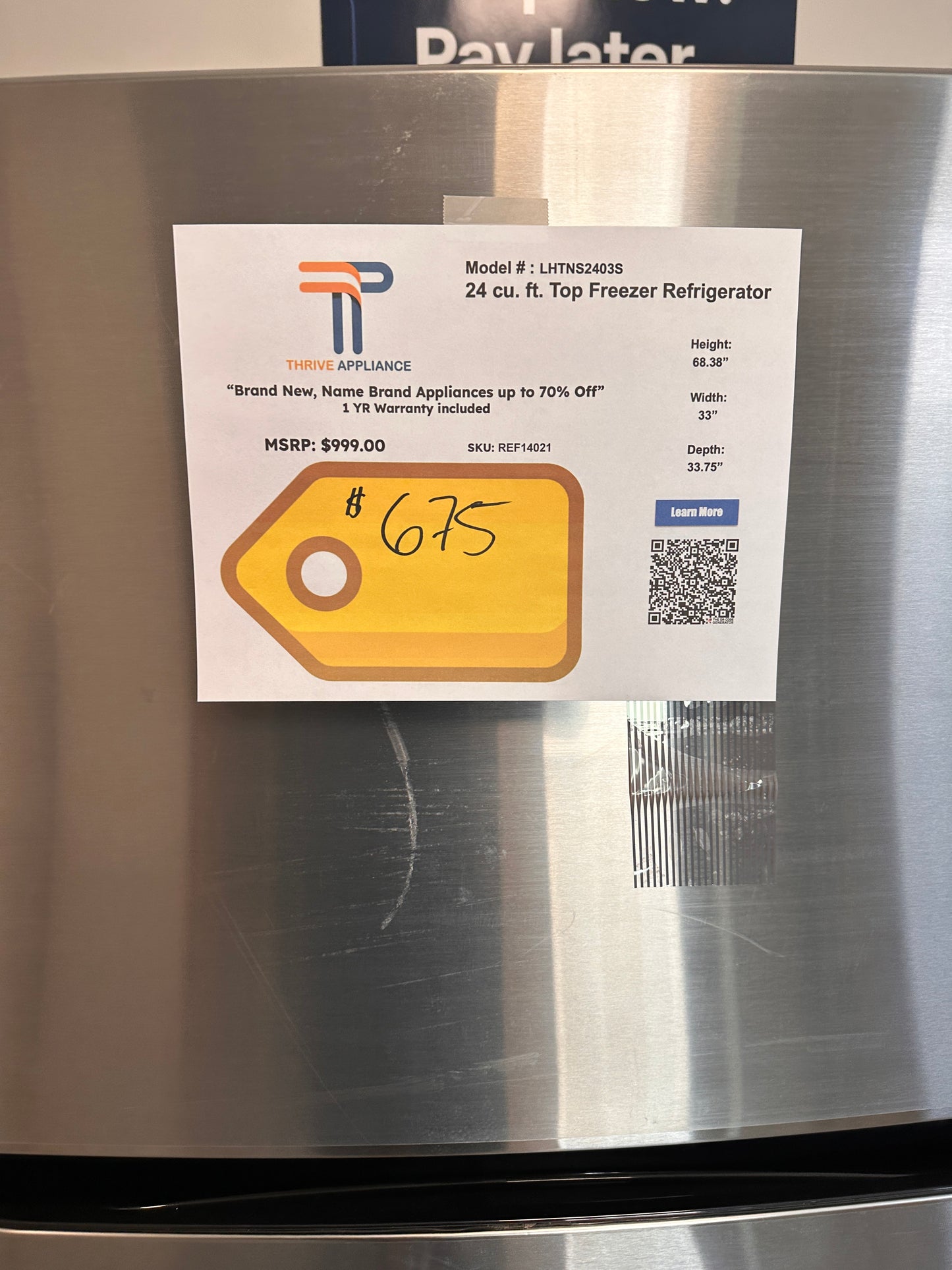BRAND NEW TOP FREEZER LG REFRIGERATOR MODEL: LHTNS2403S REF14021