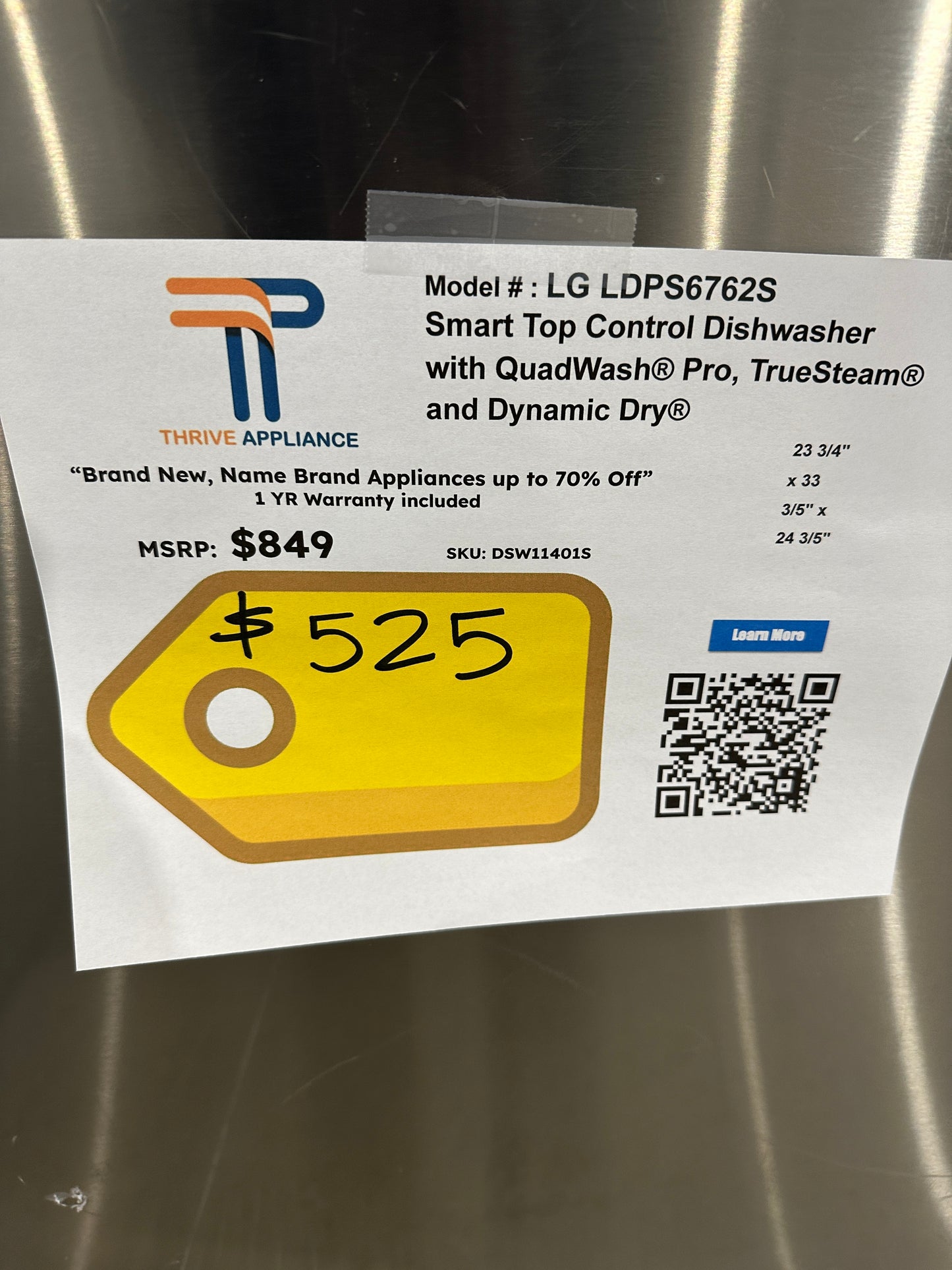 LG TOP CONTROL DISHWASHER WITH STAINLESS STEEL TUB MODEL: ldps6762S DSW11401S