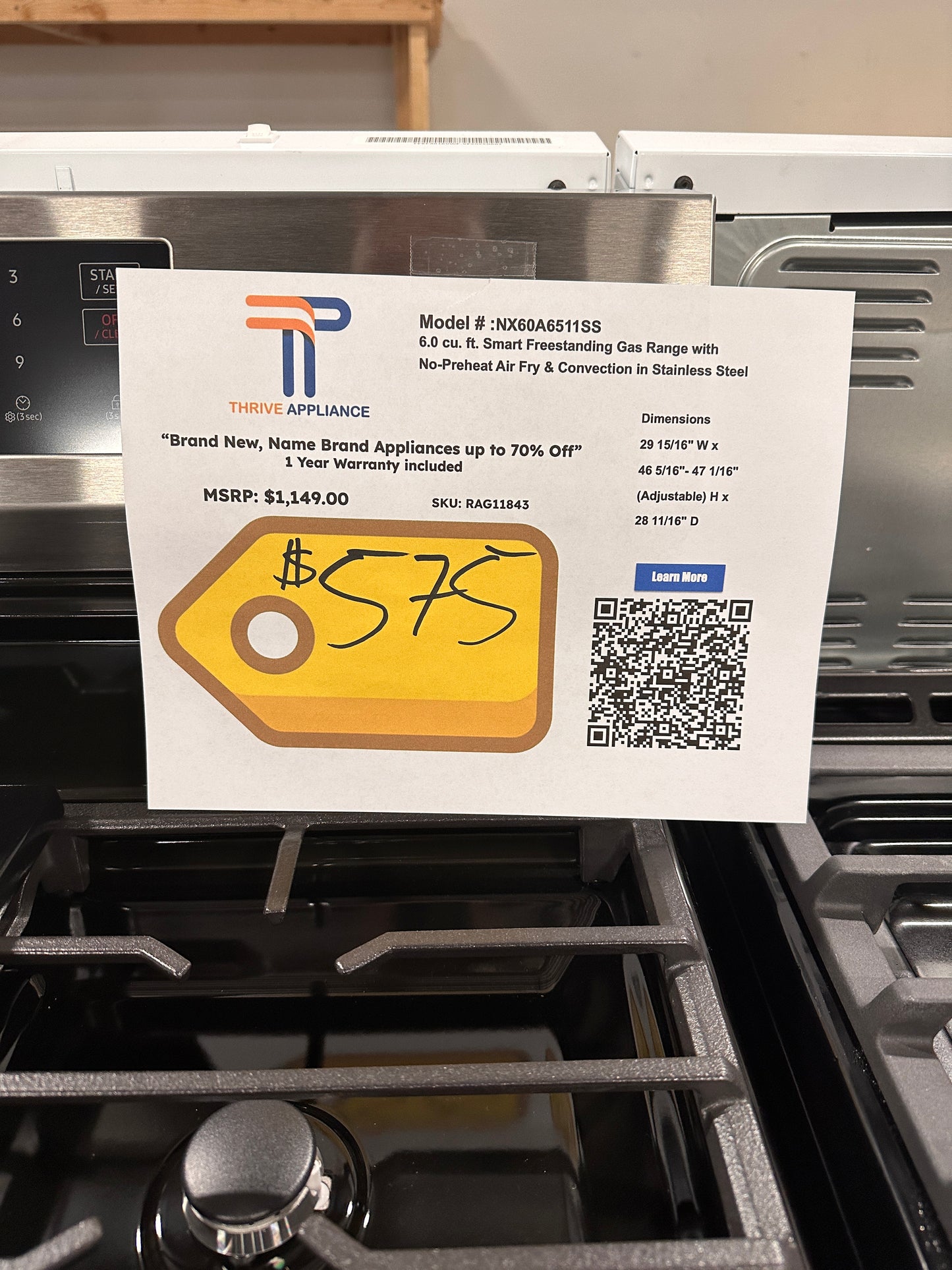 NEW SAMSUNG GAS RANGE with NO-PREHEAT AIR FRY MODEL: NX60A6511SS/AA RAG11843