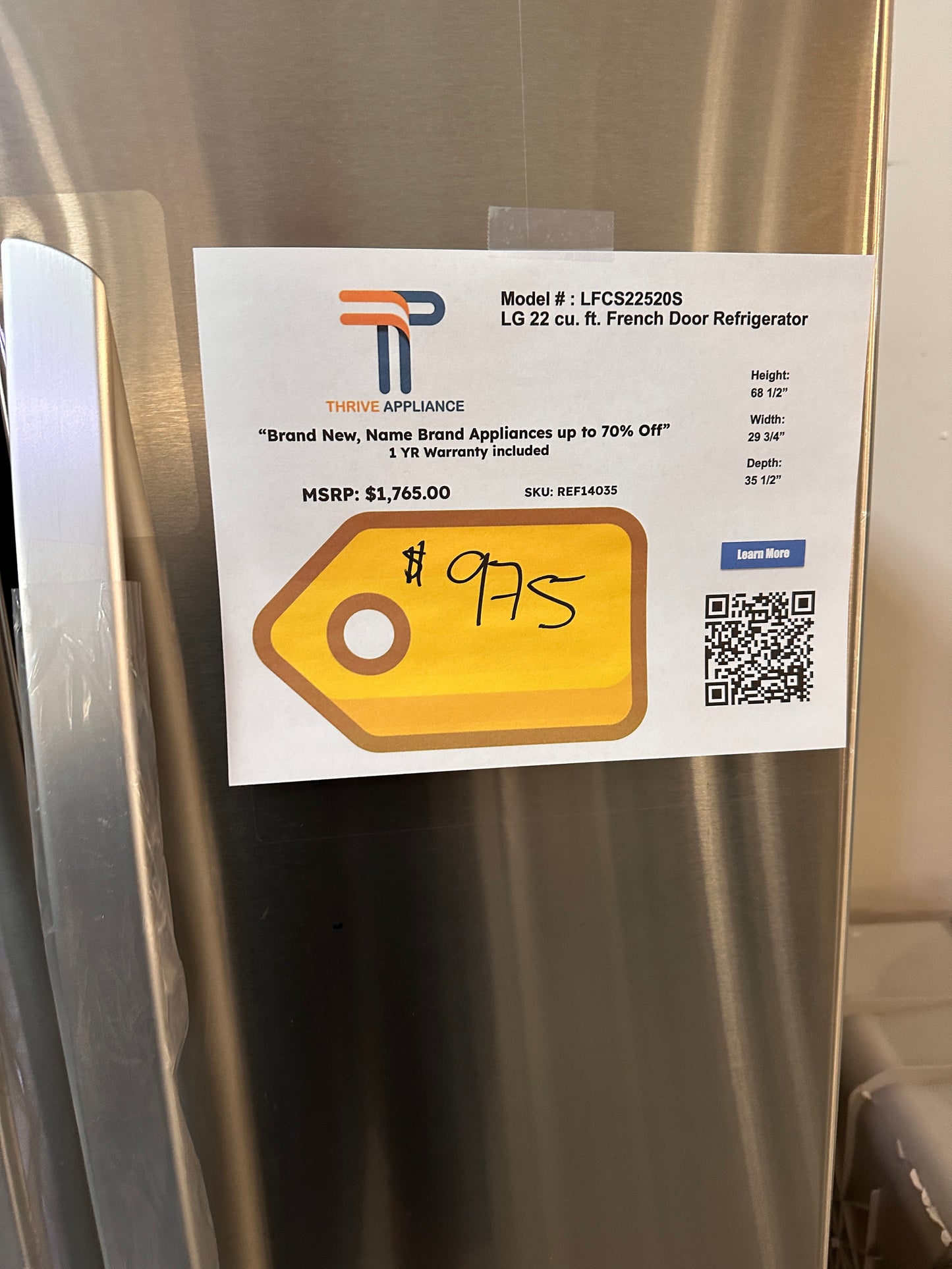BRAND NEW! LG 21.8 cu ft French Door Refrigerator MODEL: LFCS22520S REF14035