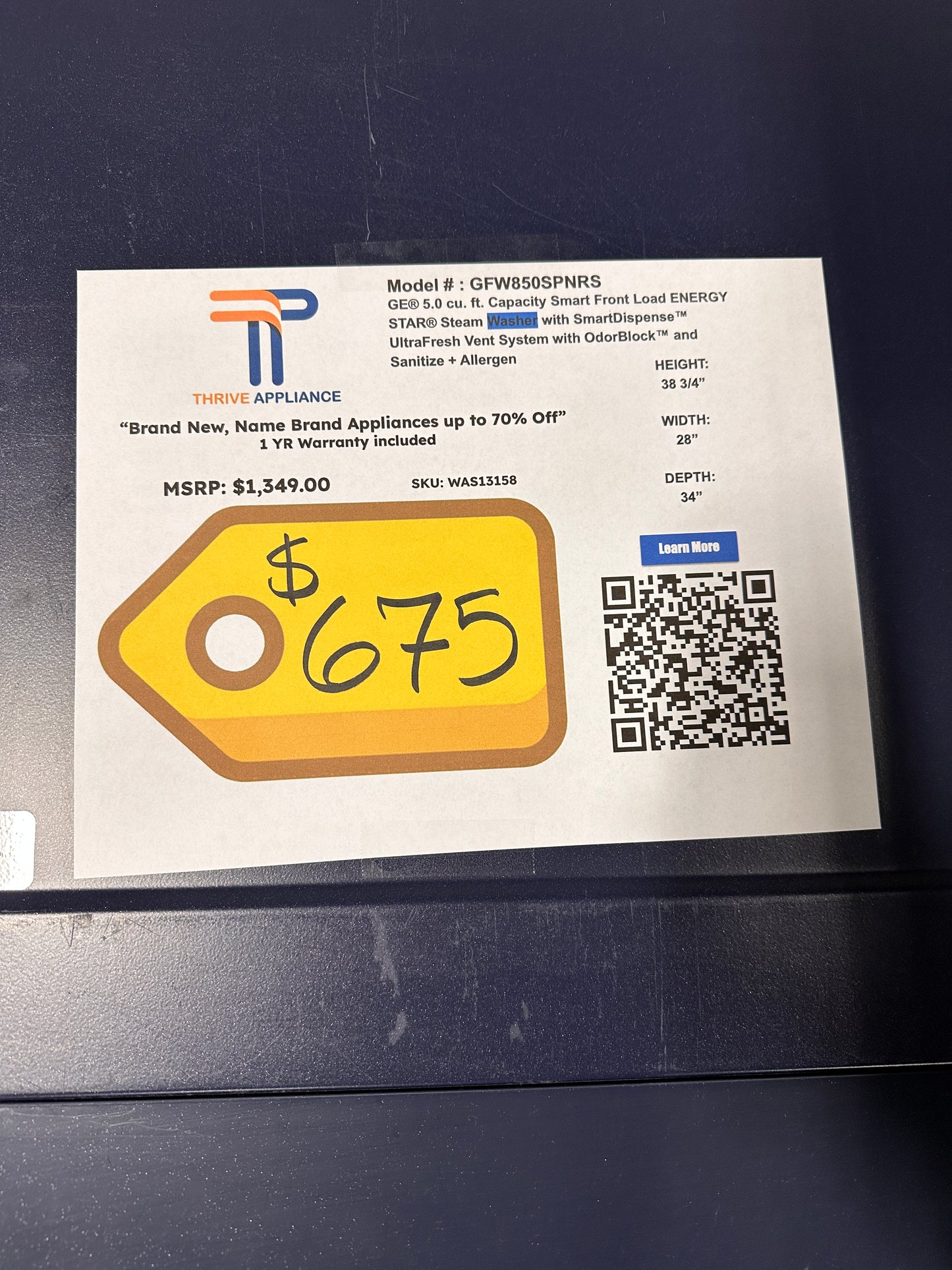 GORGEOUS GE SAPPHIRE BLUE STACKABLE WASHER MODEL: GFW850SPNRS WAS13158