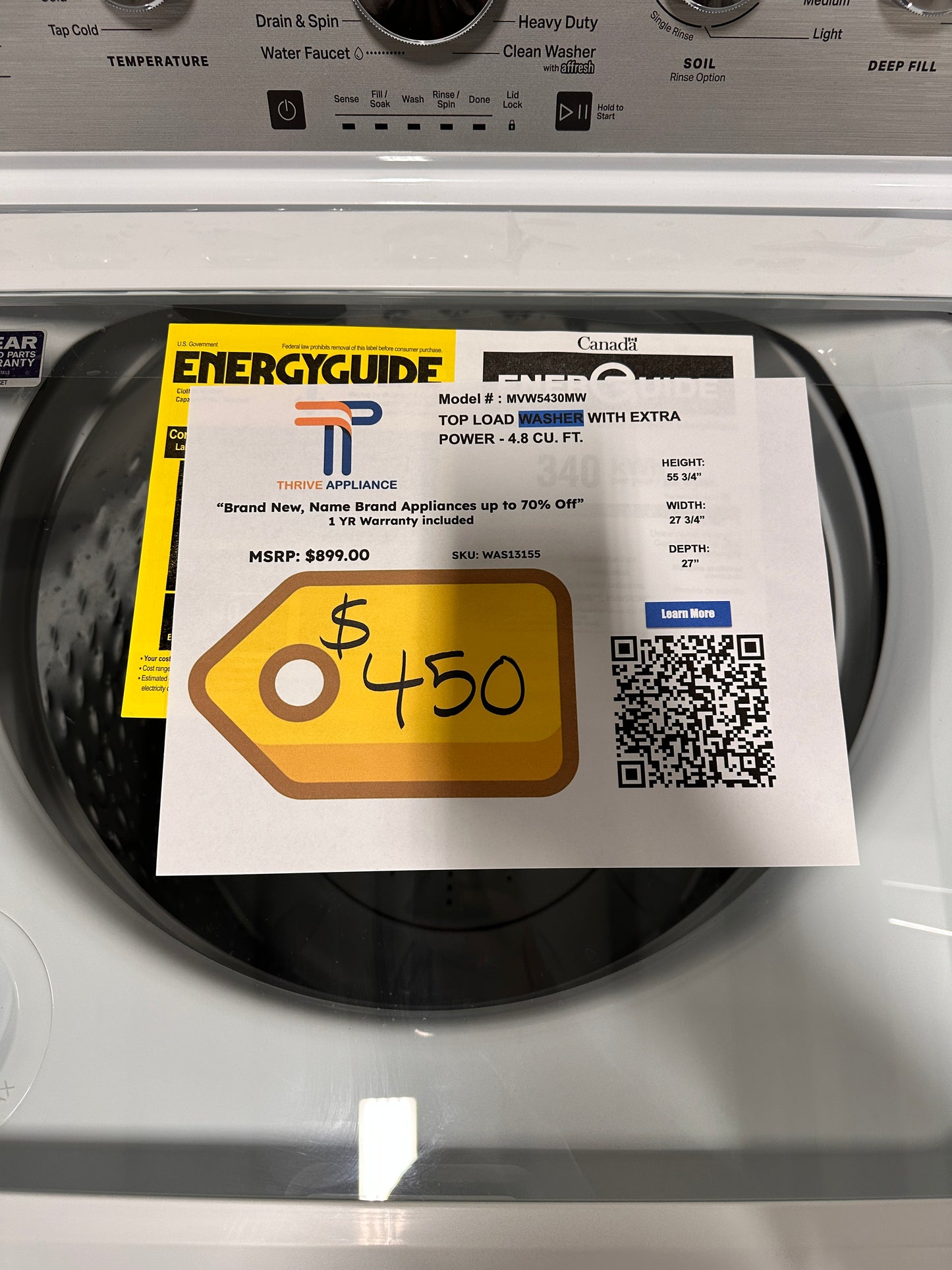 BRAND NEW MAYTAG TOP LOAD WASHER WITH EXTRA POWER BUTTON MODEL: MVW5430MW WAS13155