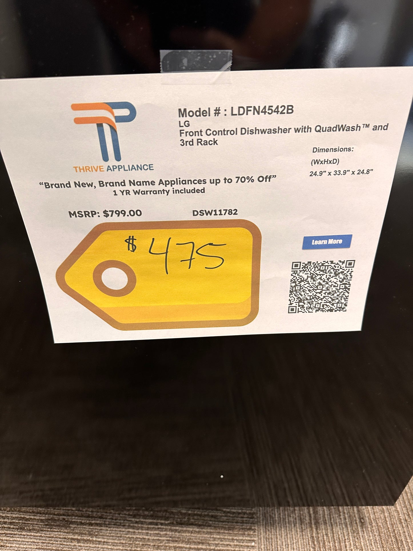 BRAND NEW LG FRONT CONTROL DISHWASHER MODEL: LDFN4542B DSW11782