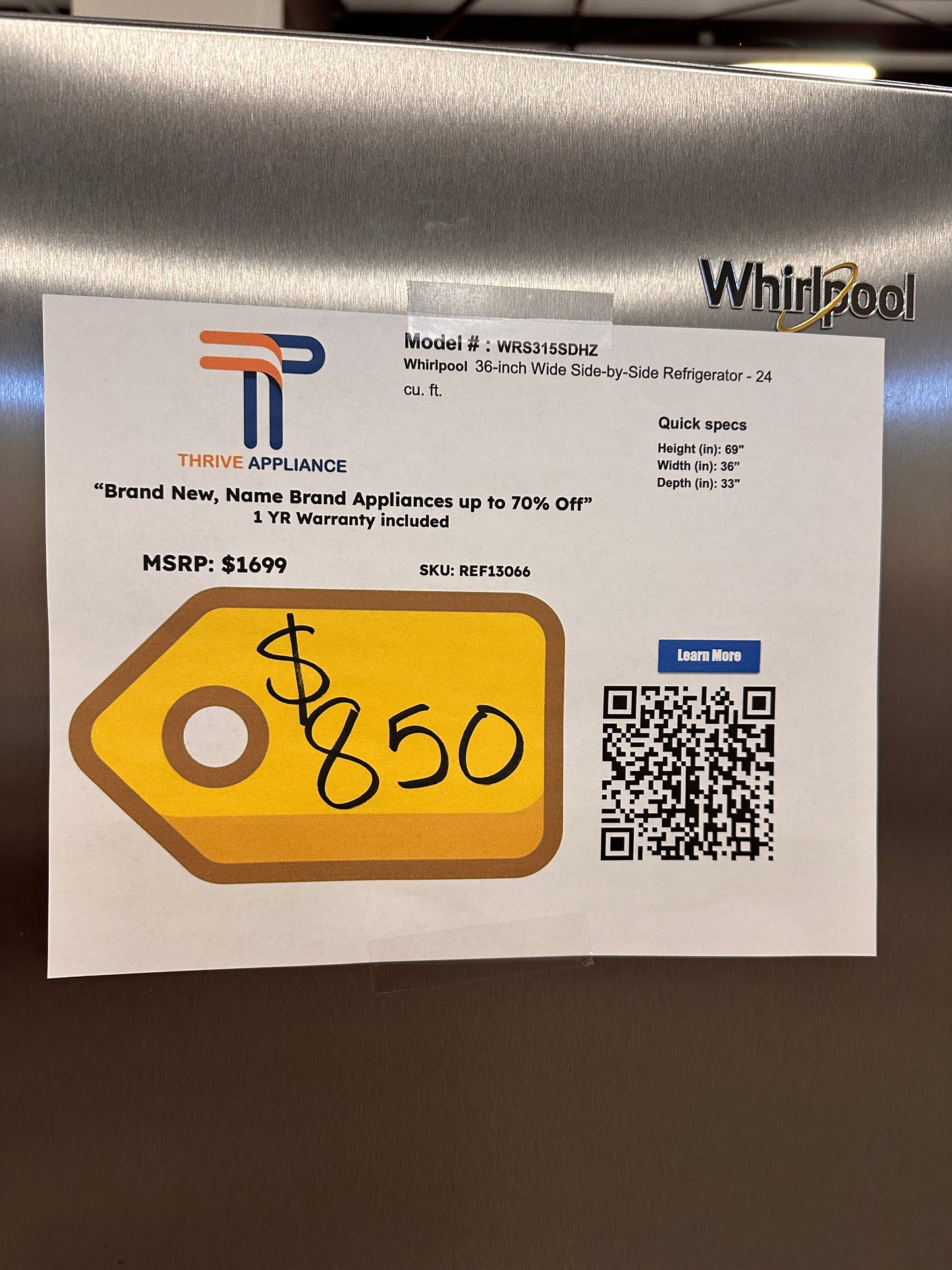 NEW WHIRLPOOL SIDE-BY-SIDE REFRIGERATOR MODEL: WRS315SDHZ REF13066