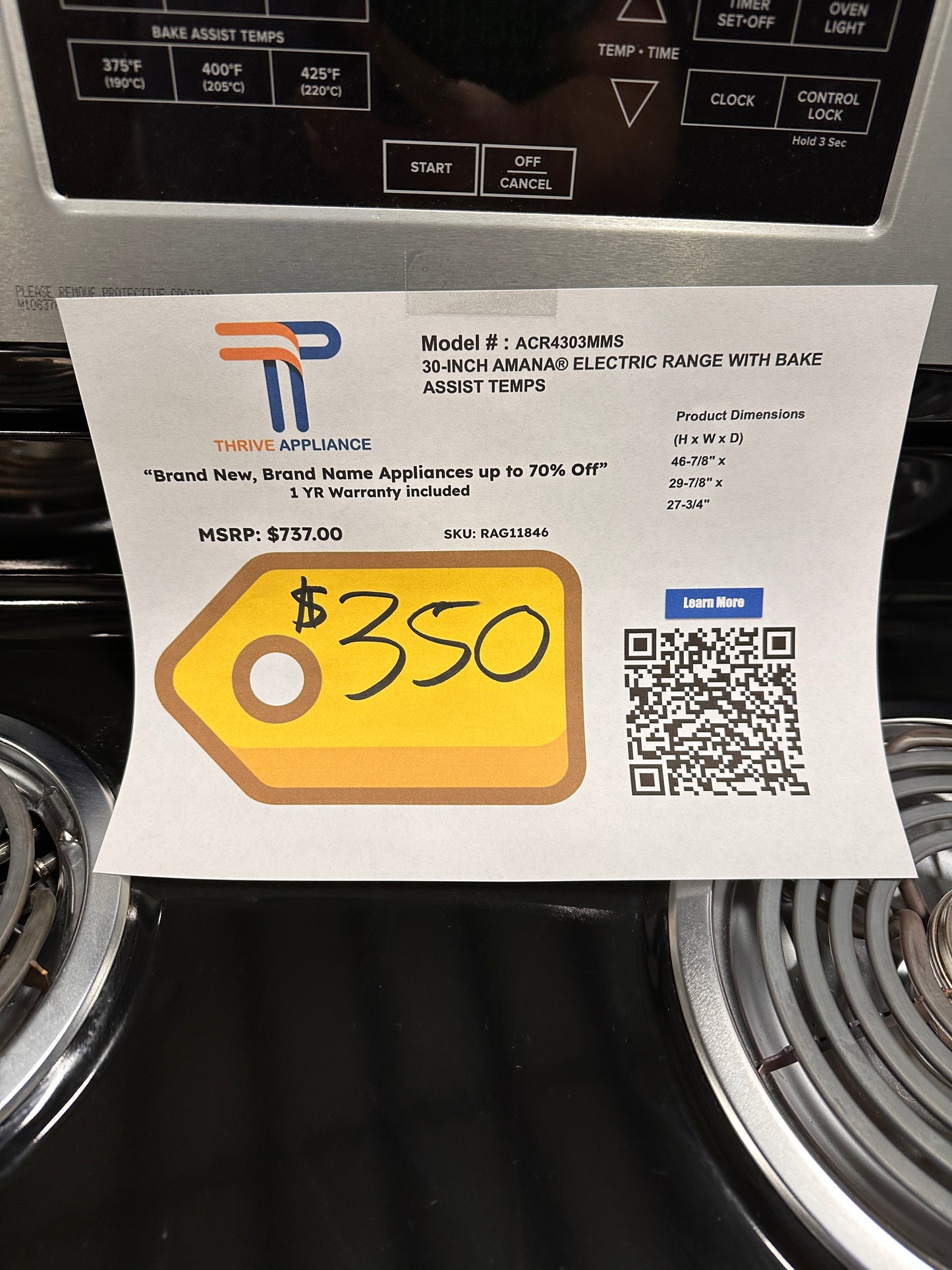 GREAT NEW AMANA STAINLESS STEEL ELECTRIC RANGE MODEL: ACR4303MMS RAG11846