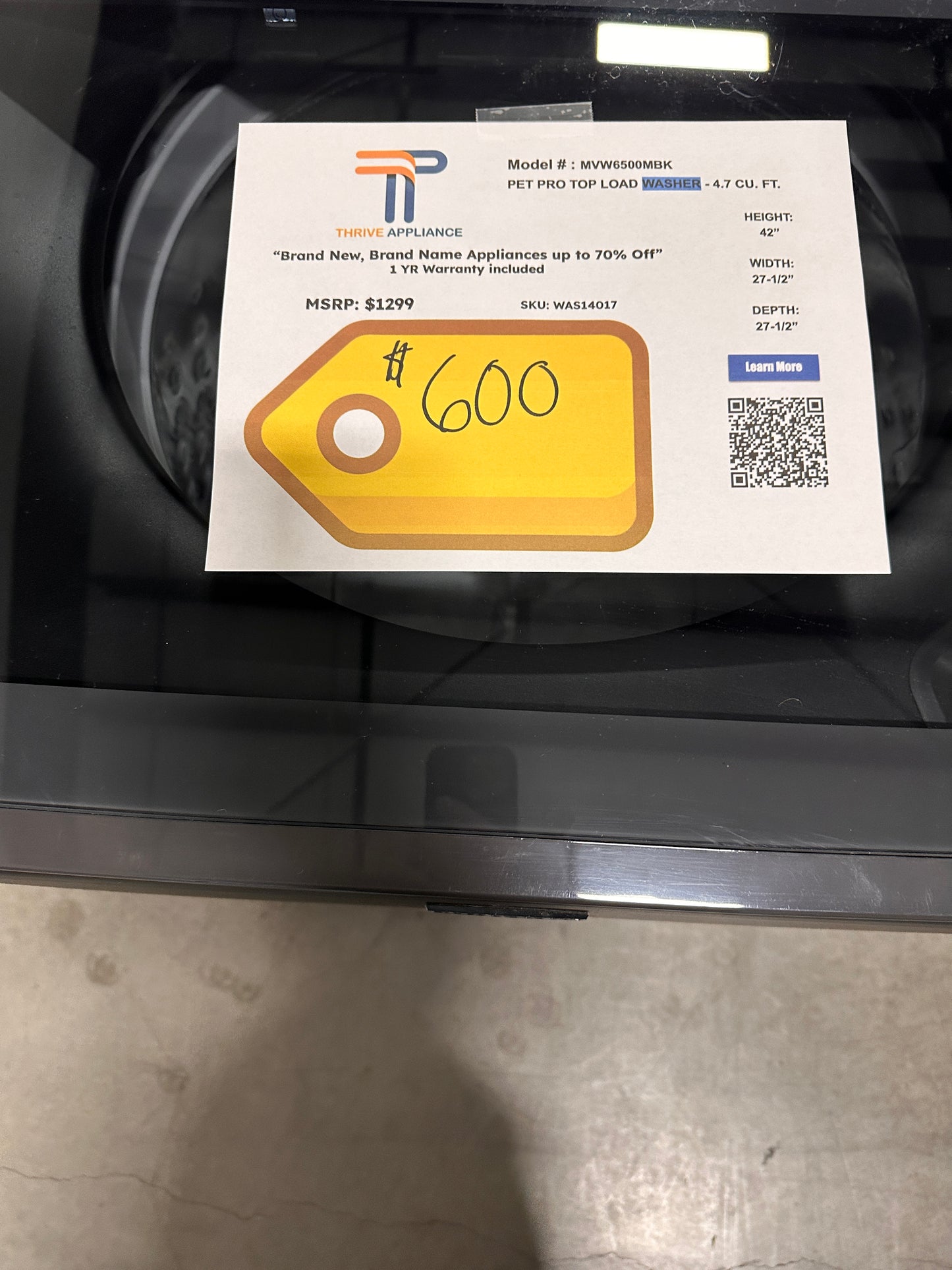 NEW! Maytag Pet Pro Top Load Washer 4.7 Cu. Ft MODEL: MVW6500MBK WAS14017
