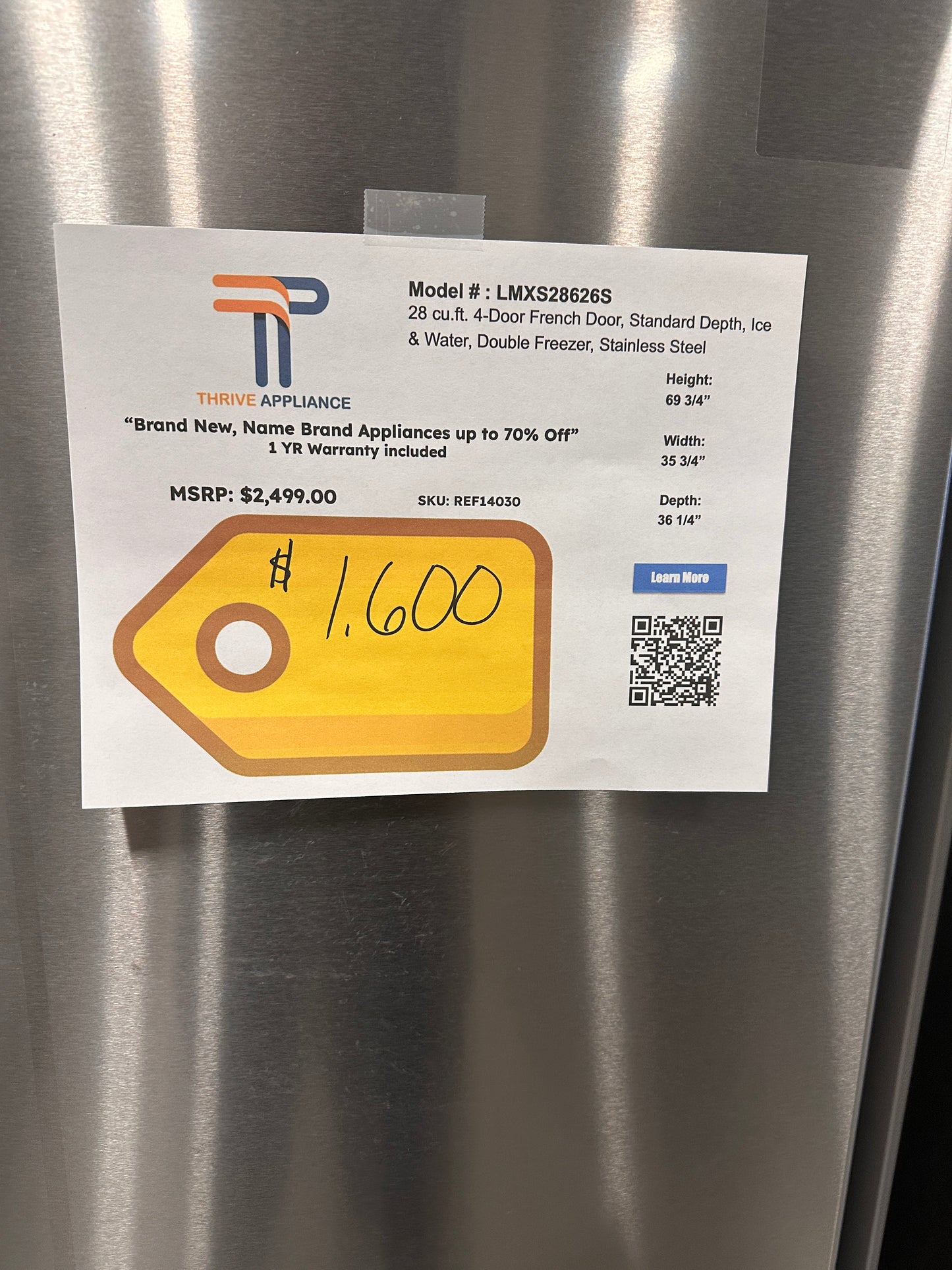 LG 28 cu.ft. Capacity 4-Door French Door Refrigerator MODEL: LMXS28626S REF14030