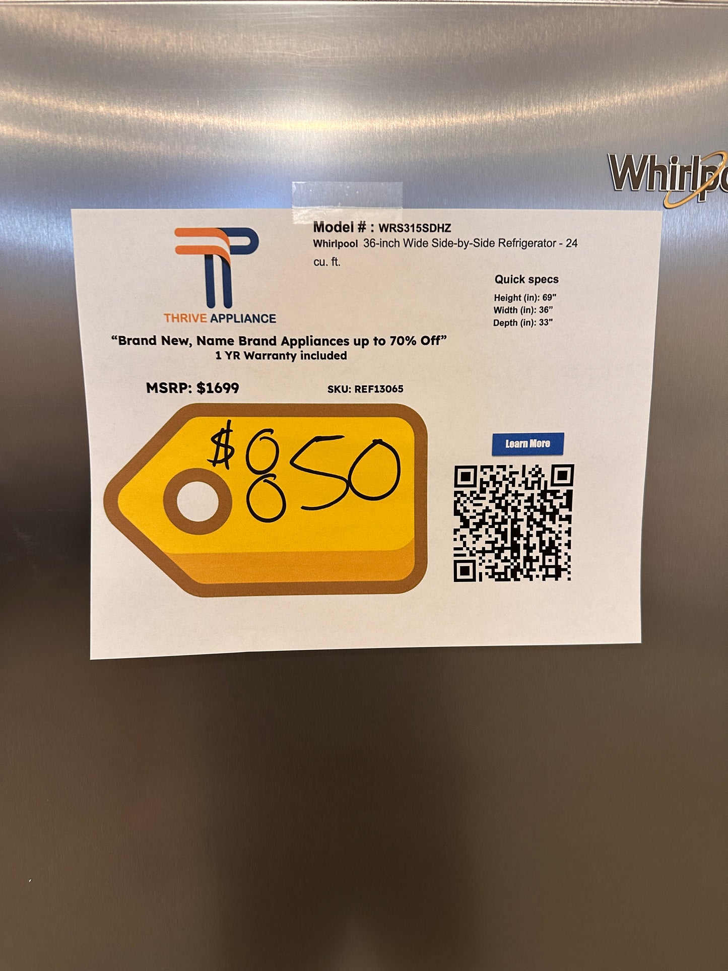 GREAT NEW STAINLESS STEEL WHIRLPOOL REFRIGERATOR MODEL:WRS315SDHZ REF13065