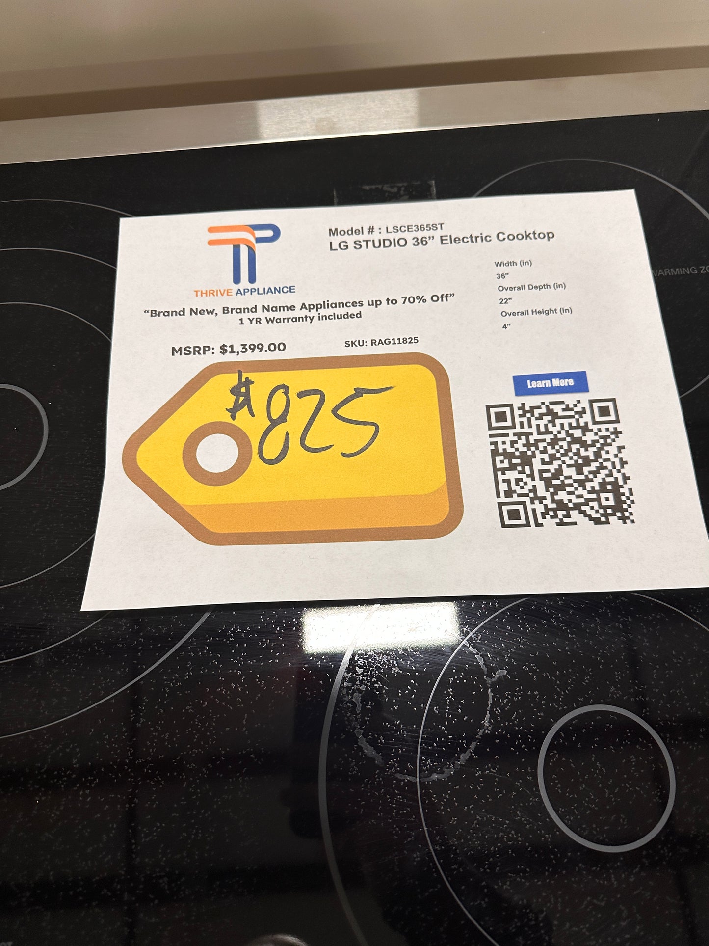 NEW LG STUDIO ELECTRIC COOKTOP with 5 ELEMENTS MODEL: LSCE365ST RAG11825
