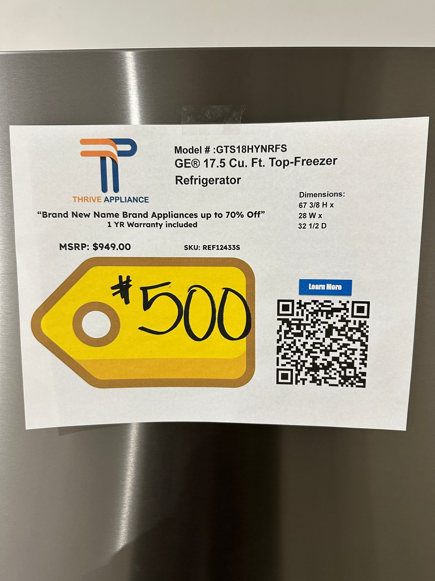 17.5 CU FT TOP FREEZER REFRIGERATOR MODEL: GTS18HYNRFS REF12433S