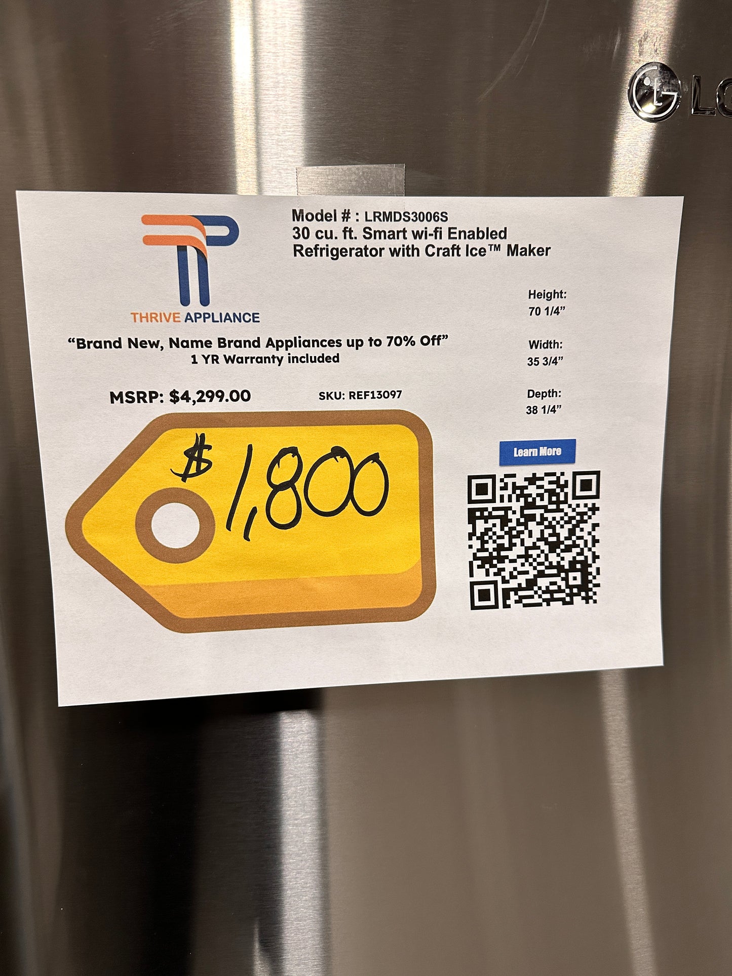 GREAT NEW LG FRENCH DOOR REFRIGERATOR MODEL:LRMDS3006S REF13097