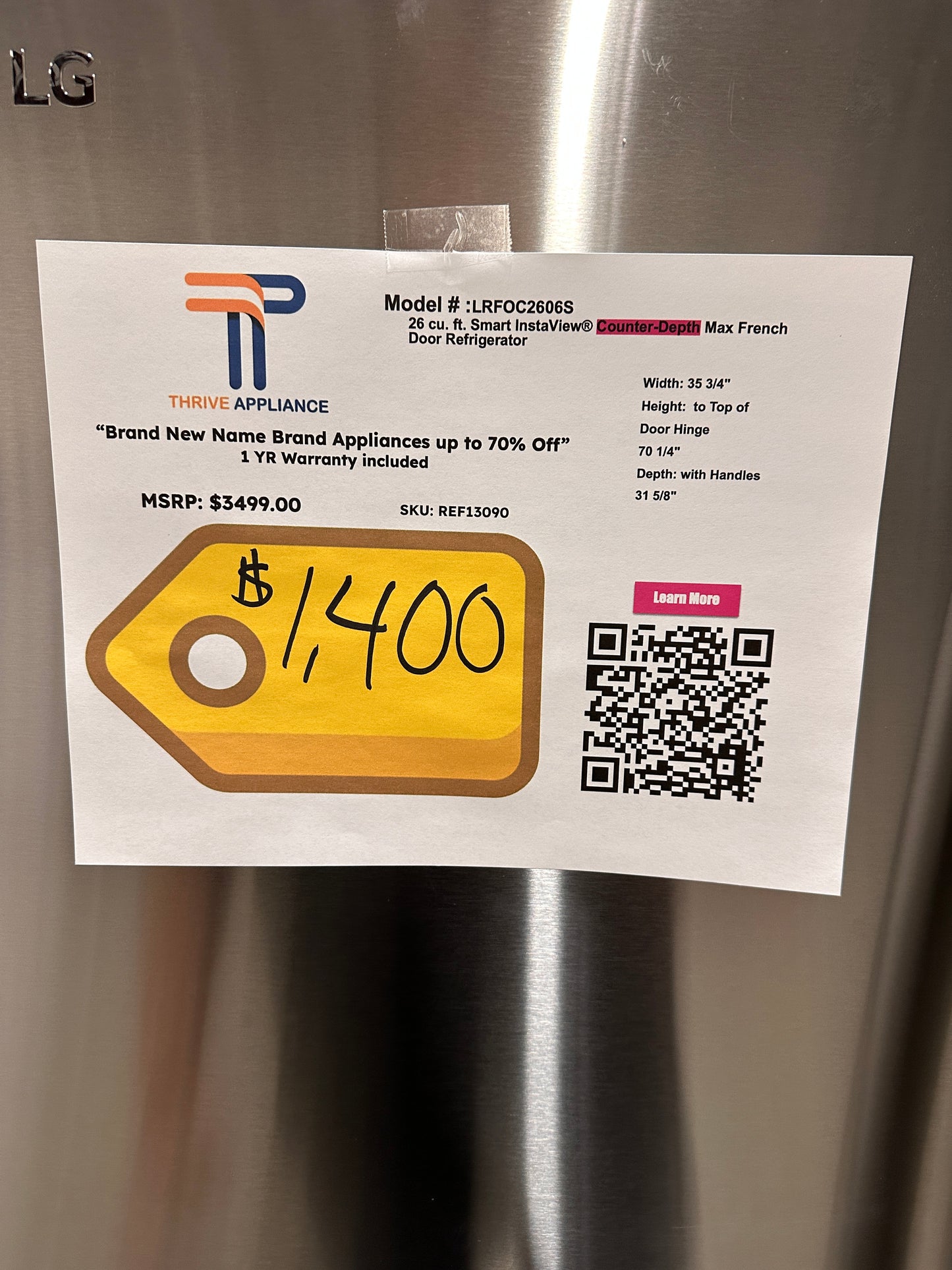 COUNTER DEPTH SMART LG REFRIGERATOR WITH INSTAVIEW MODEL:LRFOC2606S REF13090