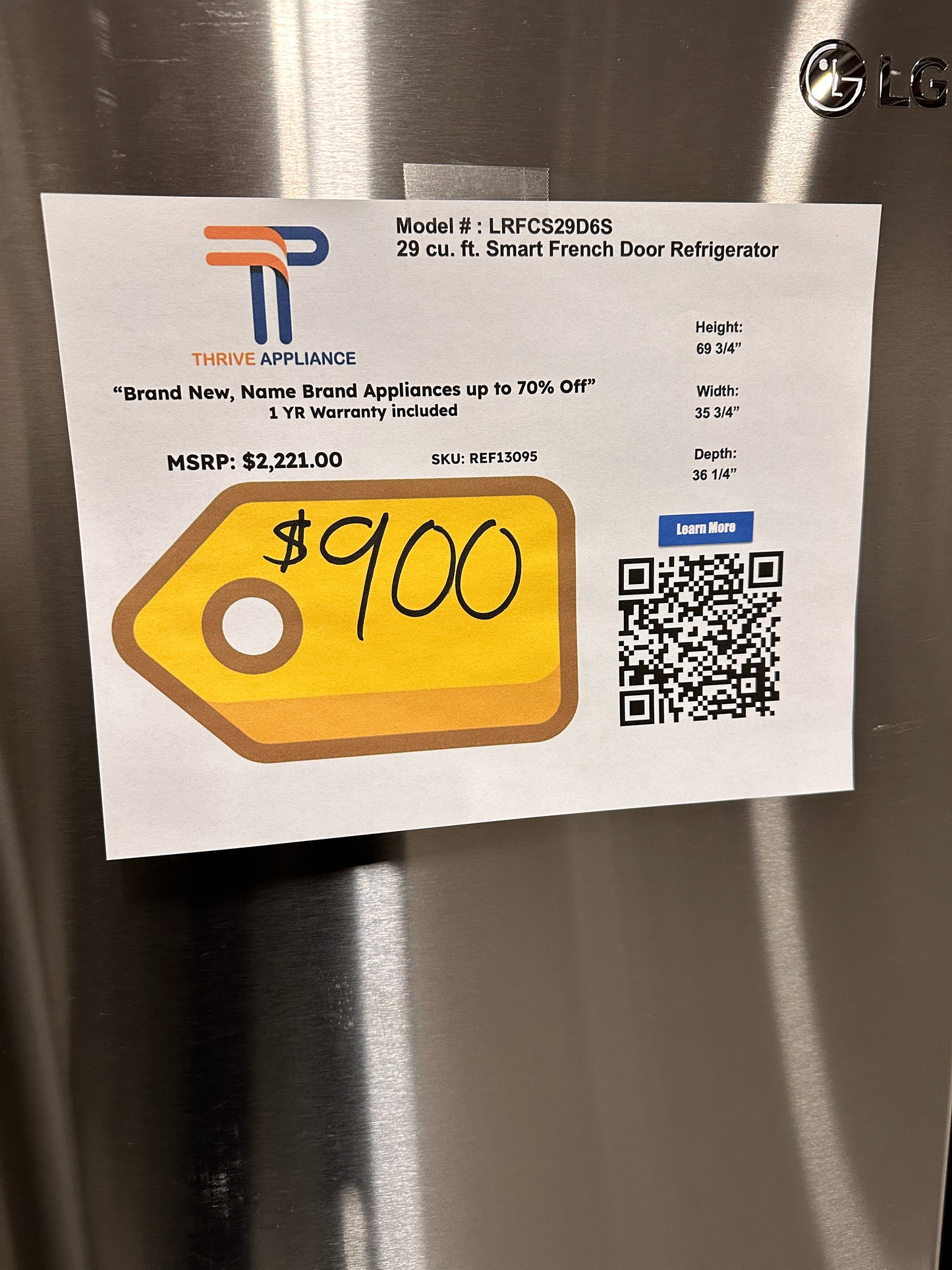 GREAT NEW LG 3-DOOR FRENCH DOOR REFRIGERATOR MODEL:LRFCS29D6S REF13095