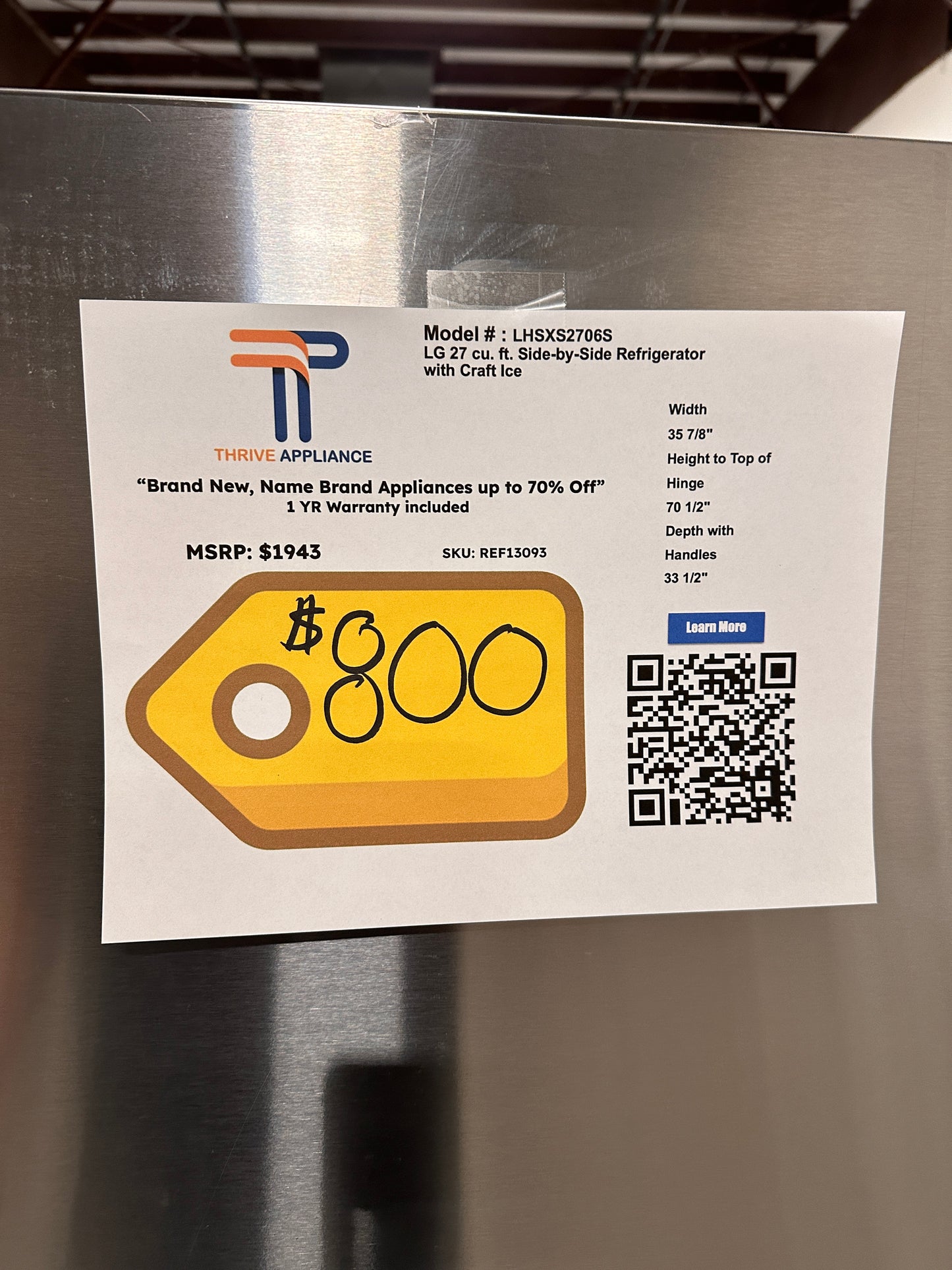 NEW SIDE-BY-SIDE REFRIGERATOR with SPACEPLUS ICE MODEL:LHSXS2706S REF13093
