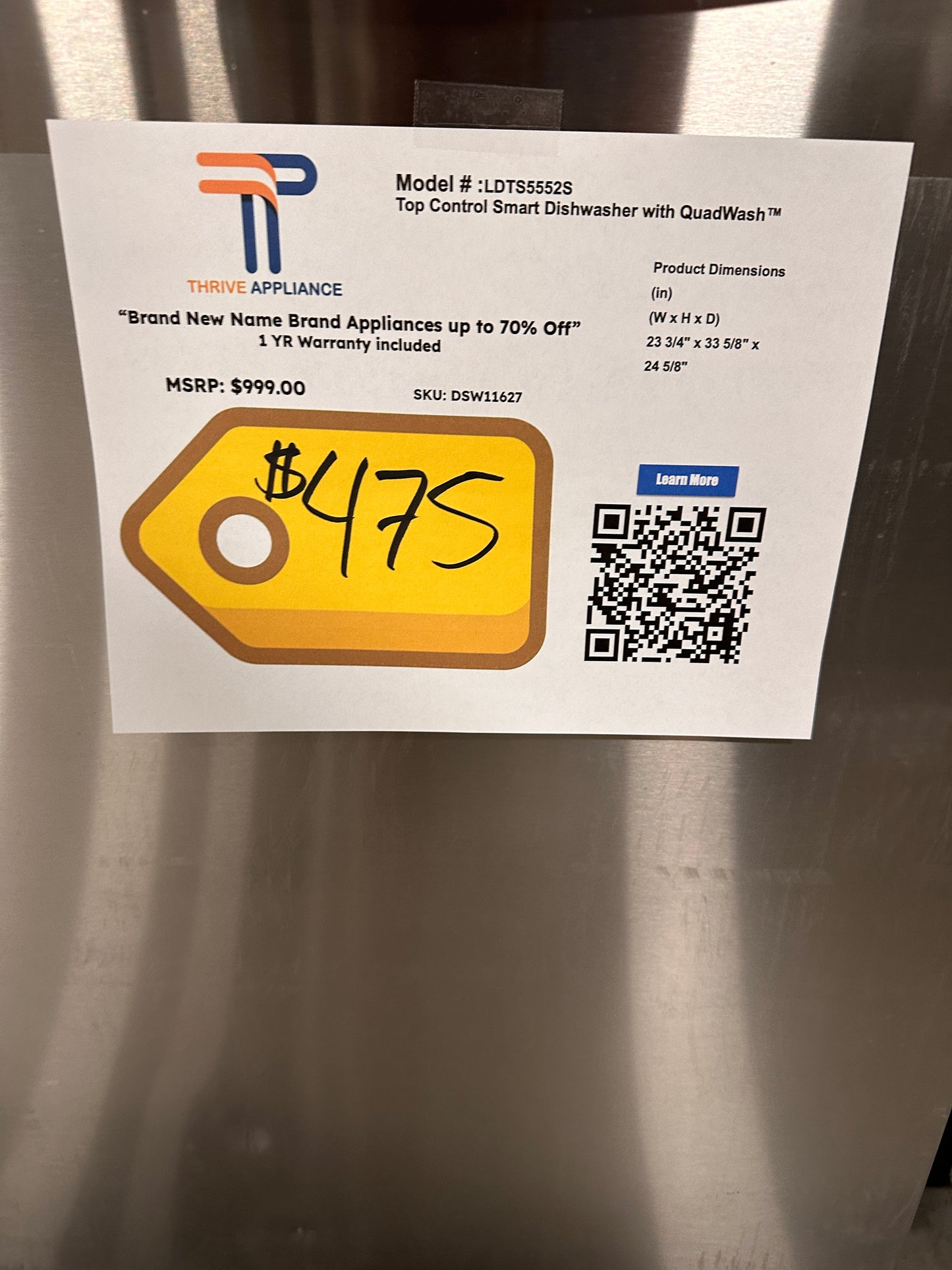 NEW STAINLESS STEEL TUB DISHWASHER WITH 3RD RACK MODEL:LDTS5552S DSW11627