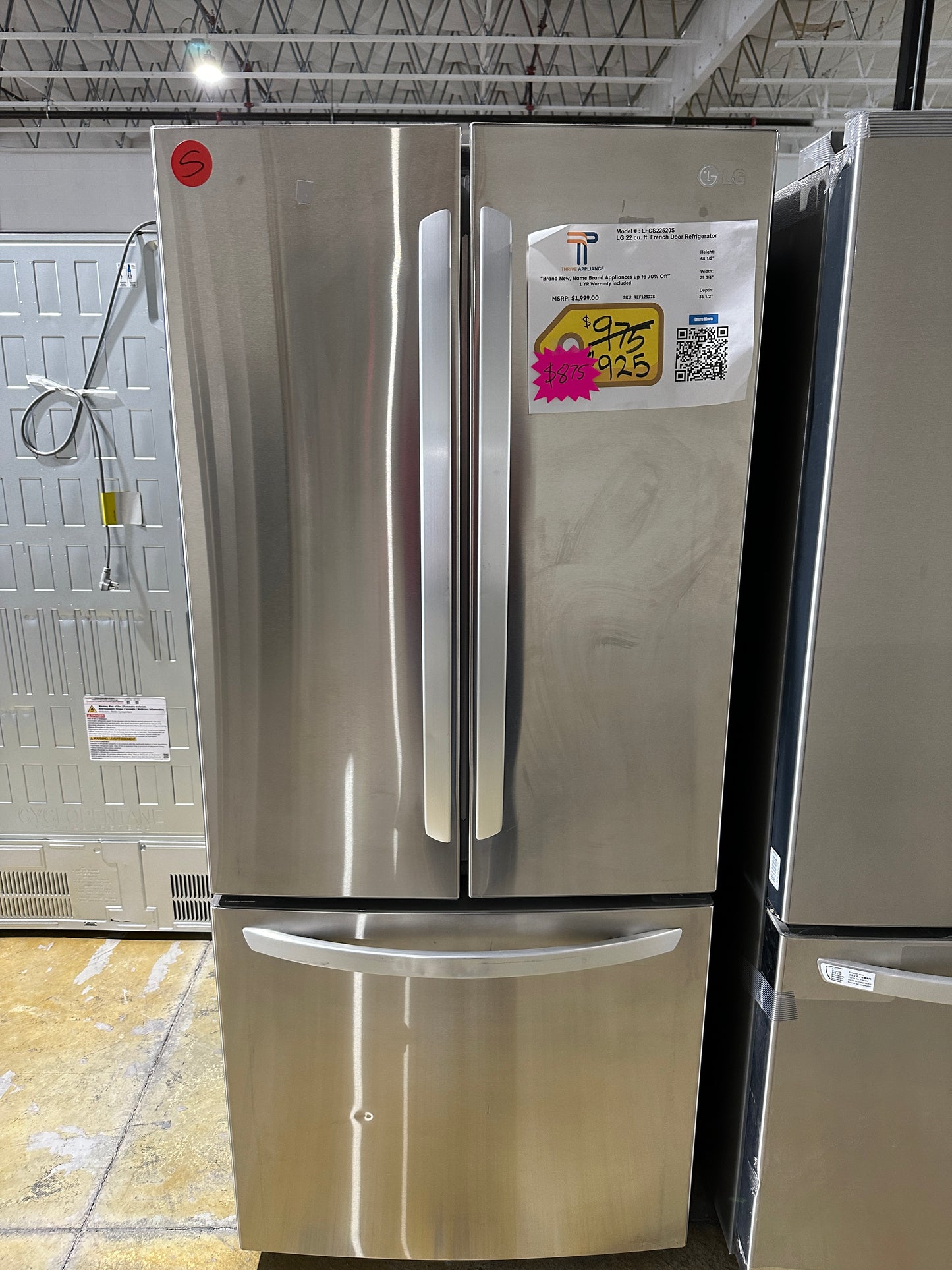 SALE PRICE SMART COOLING SYSTEM LG FRENCH DOOR REFRIGERATOR MODEL: LFCS22520S REF12327S