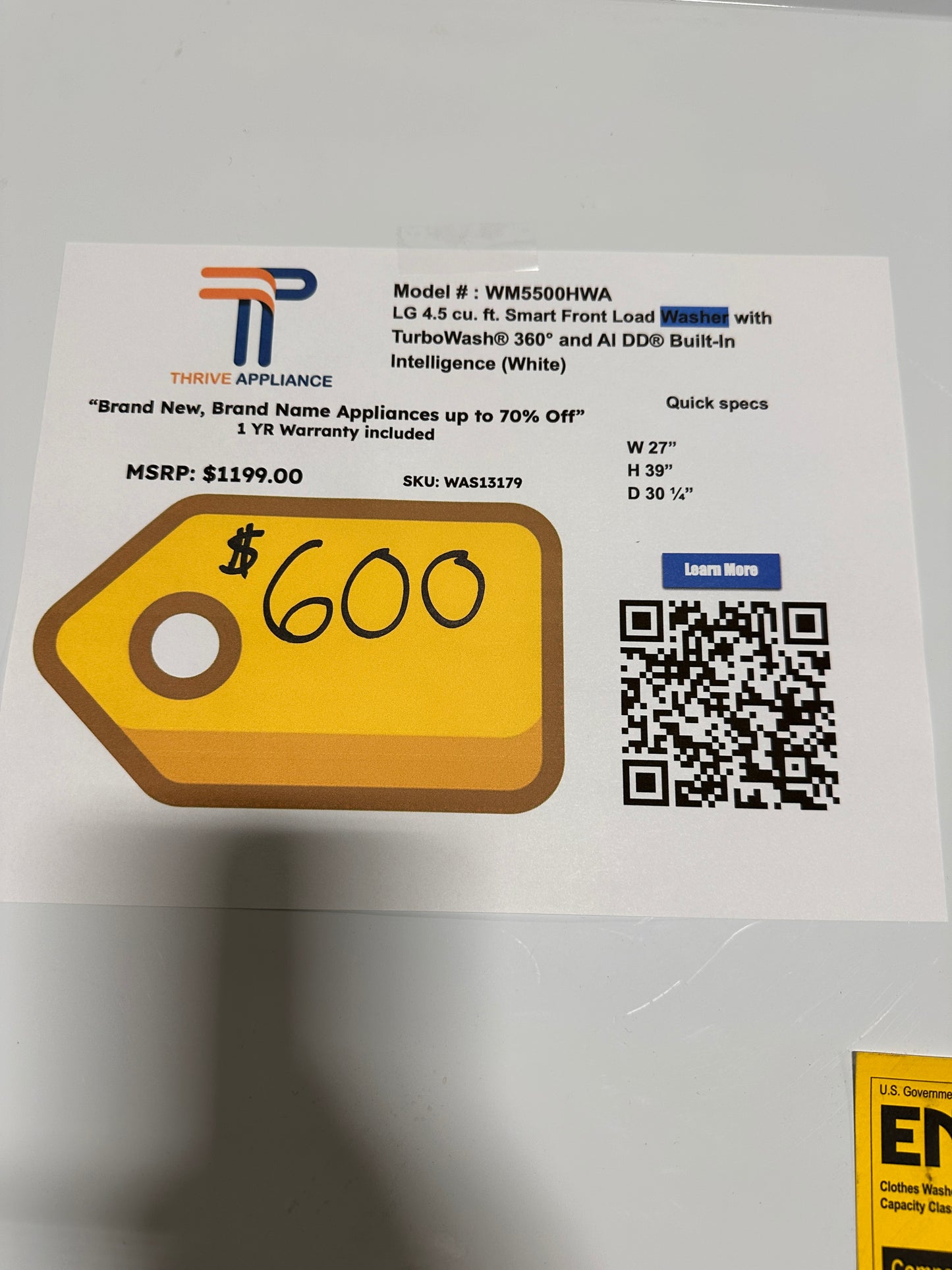 GREAT NEW LG WASHER WITH TURBOWASH 360 MODEL: WM5500HWA WAS13179