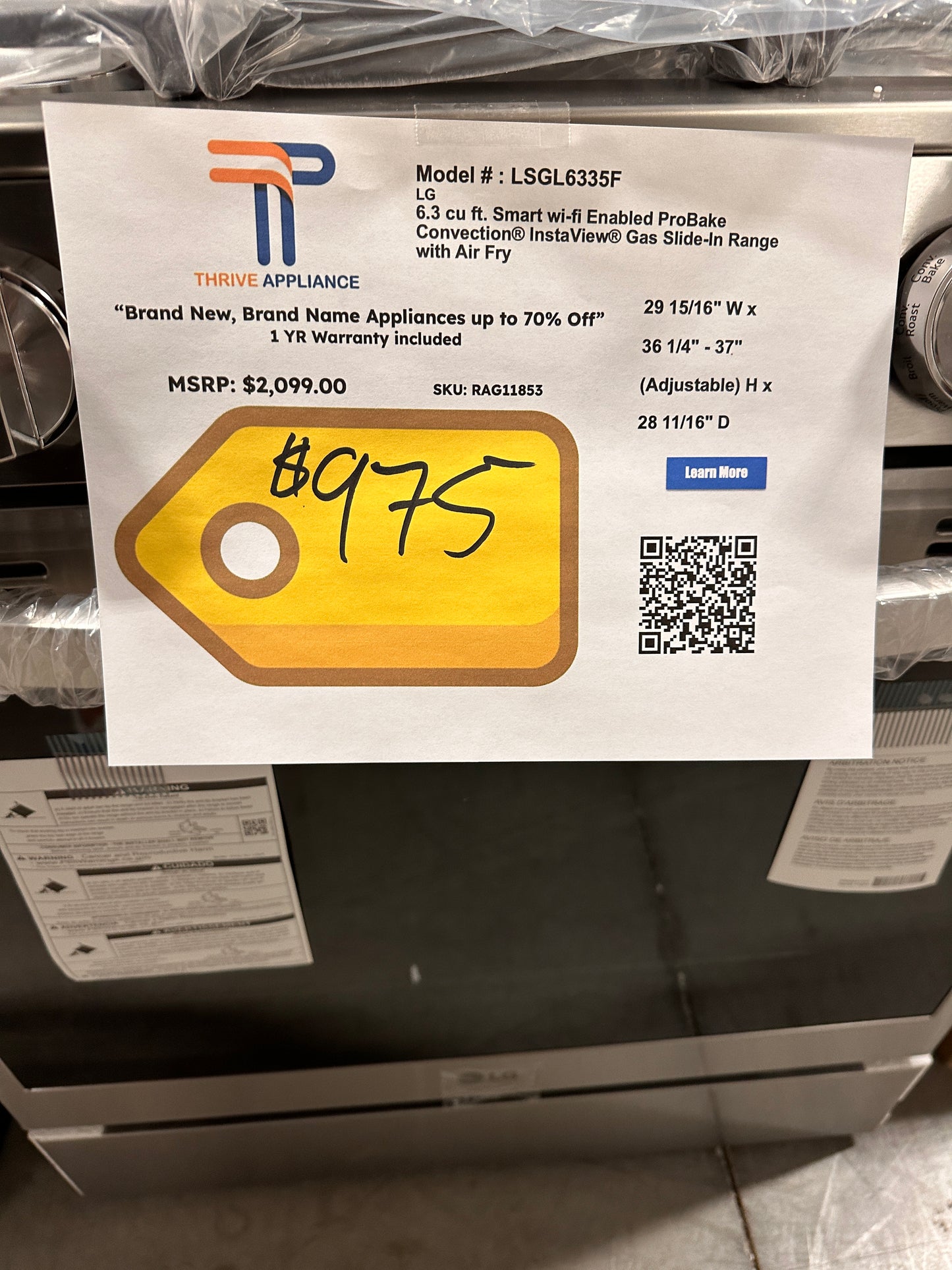 NEW LG GAS RANGE with EASYCLEAN and AIR FRY MODEL: LSGL6335F RAG11853