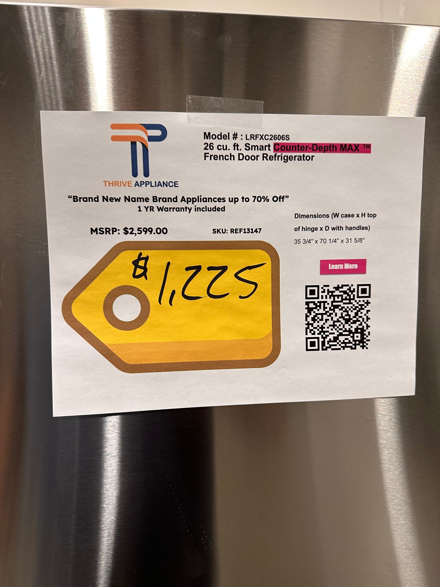 BRAND NEW COUNTER DEPTH SMART LG REFRIGERATOR MODEL: LRFXC2606S REF13147