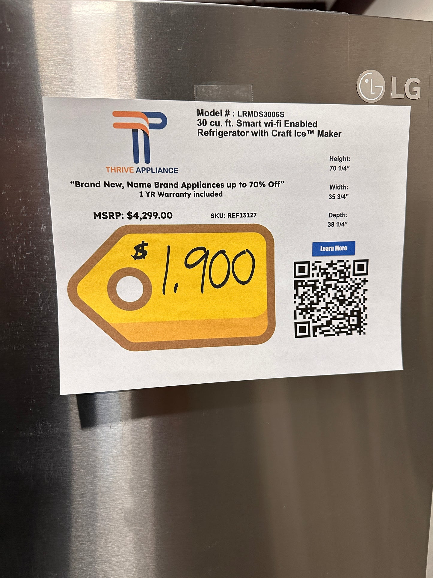 CRAFT ICE MAKING FRENCH DOOR LG REFRIGERATOR MODEL: LRMDS3006S REF13127
