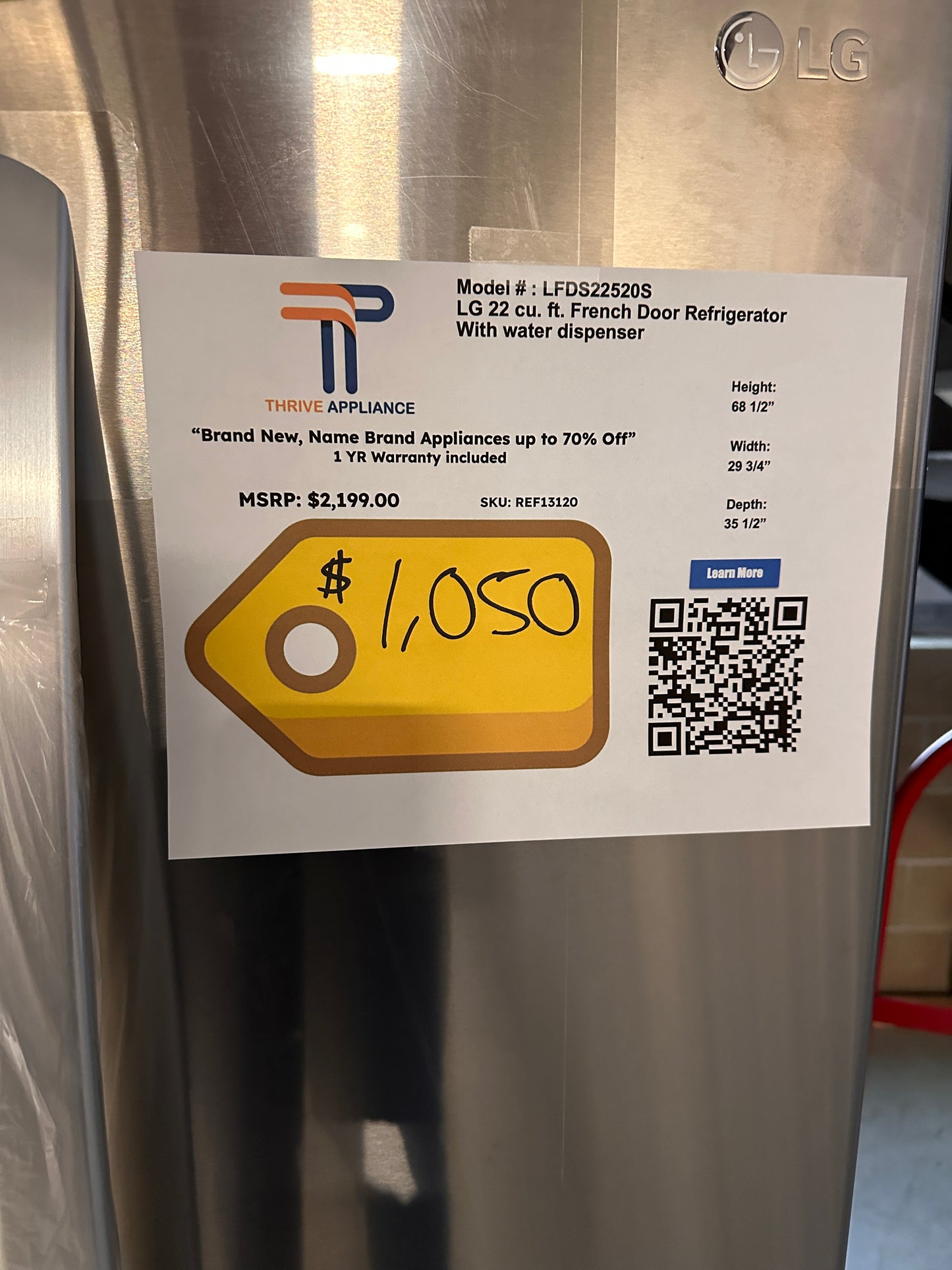 NEW 21.8 CU FT FRENCH DOOR STAINLESS STEEL REFRIGERATOR MODEL: LFDS22520S REF13120