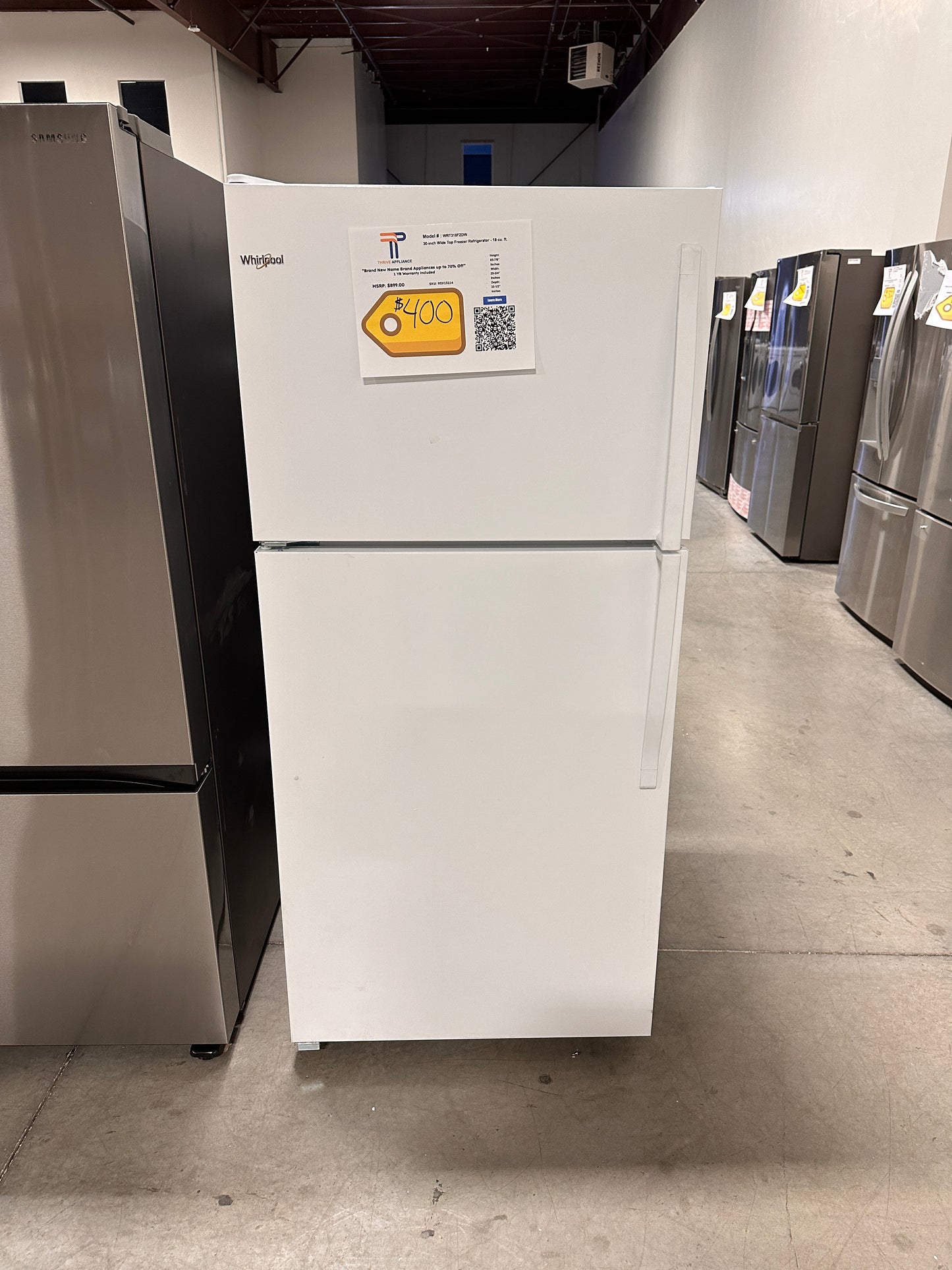 BRAND NEW WHITE WHIRLPOOL REFRIGERATOR - GREAT GARAGE FRIDGE MODEL: WRT318FZDW REF13114