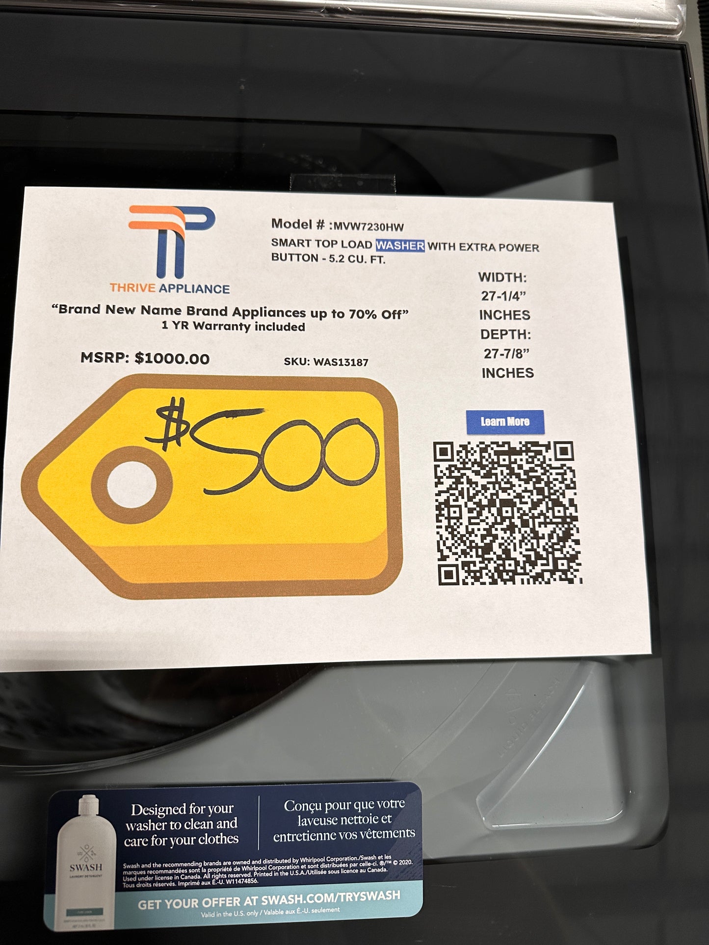NEW SMART TOP LOAD WASHER WITH EXTRA POWER BUTTON MODEL:MVW7230HW WAS13187