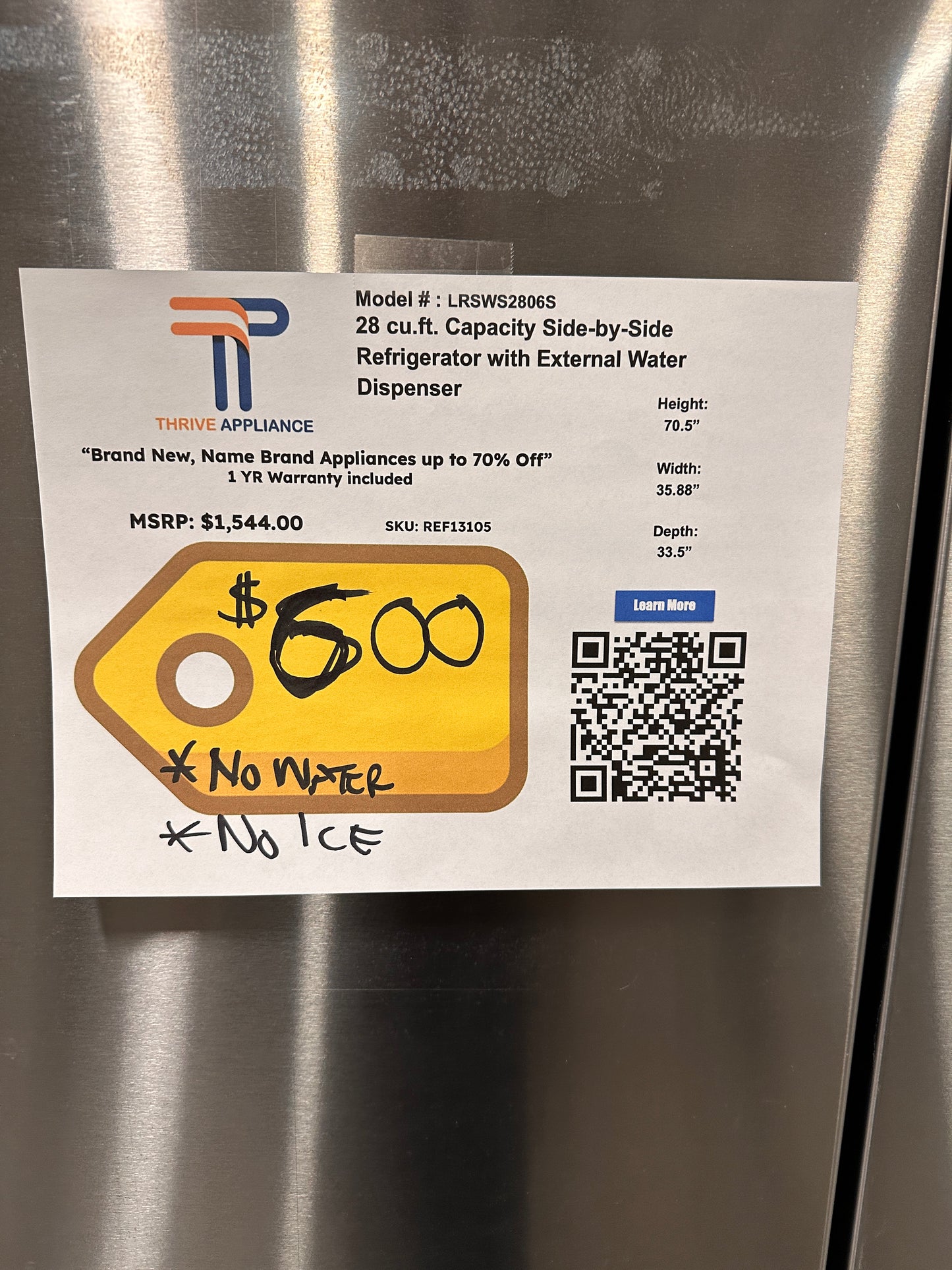 DISCOUNTED STAINLESS STEEL LG REFRIGERATOR - ICE AND WATER DON'T WORK - MODEL:LRSWS2806S REF13105