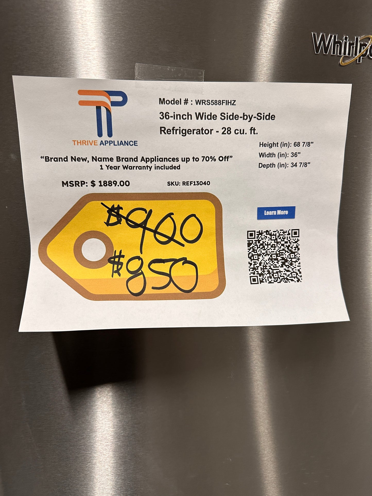 NEW WHIRLPOOL SIDE-BY-SIDE REFRIGERATOR with IN-DOOR STORAGE MODEL: WRS588FIHZ REF13040
