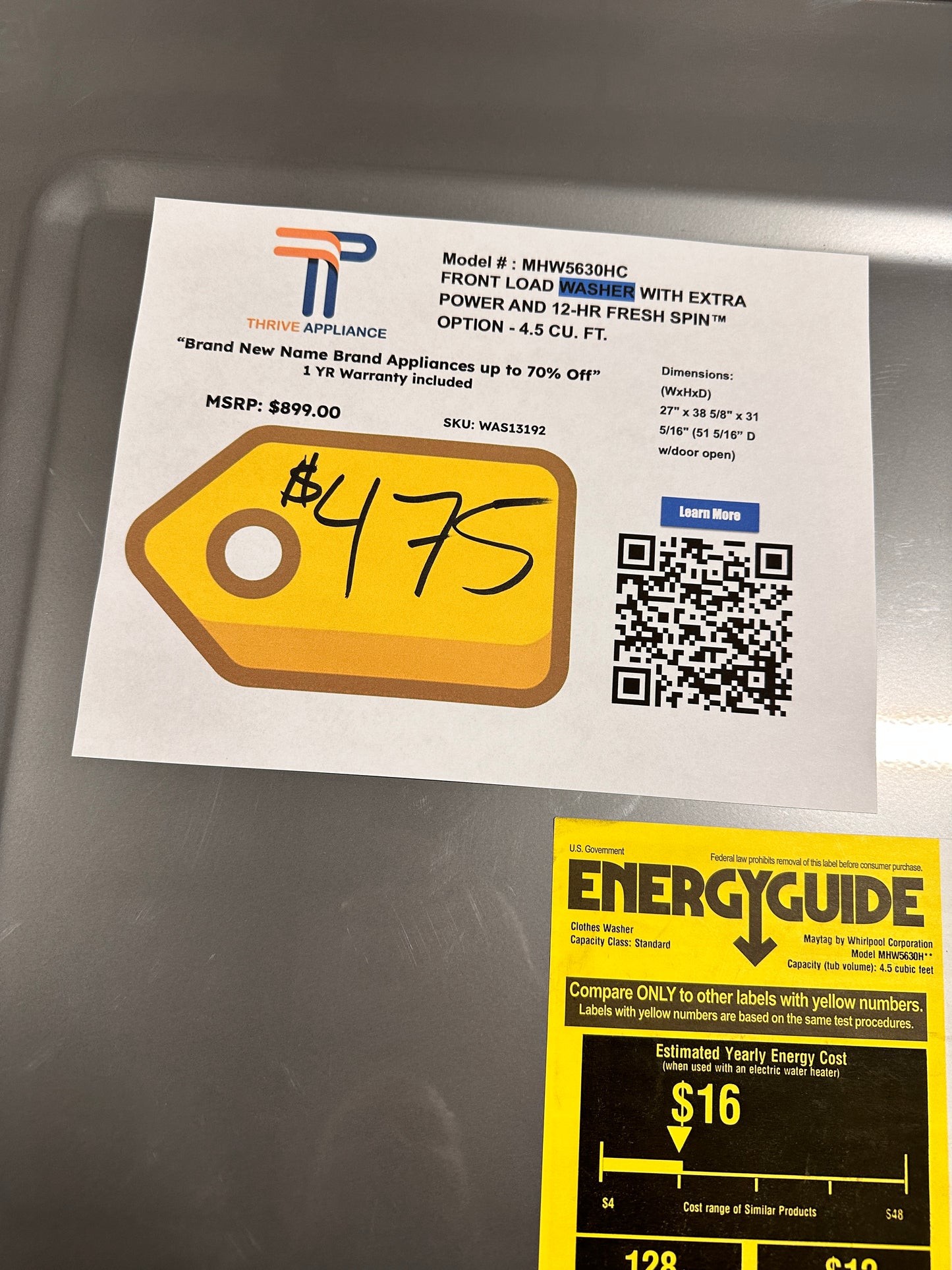 GREAT NEW MAYTAG STACKABLE FRONT LOAD WASHER MODEL:MHW5630HC WAS13192
