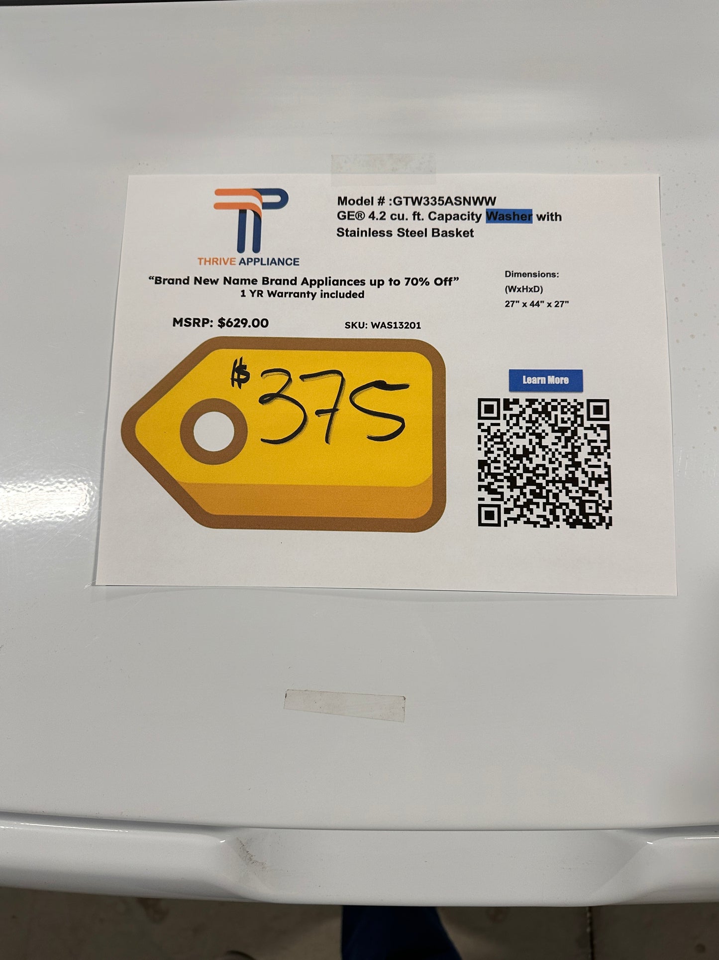GREAT NEW GE TOP LOAD WASHER WITH PRECISE FILL MODEL:GTW335ASNWW WAS13201