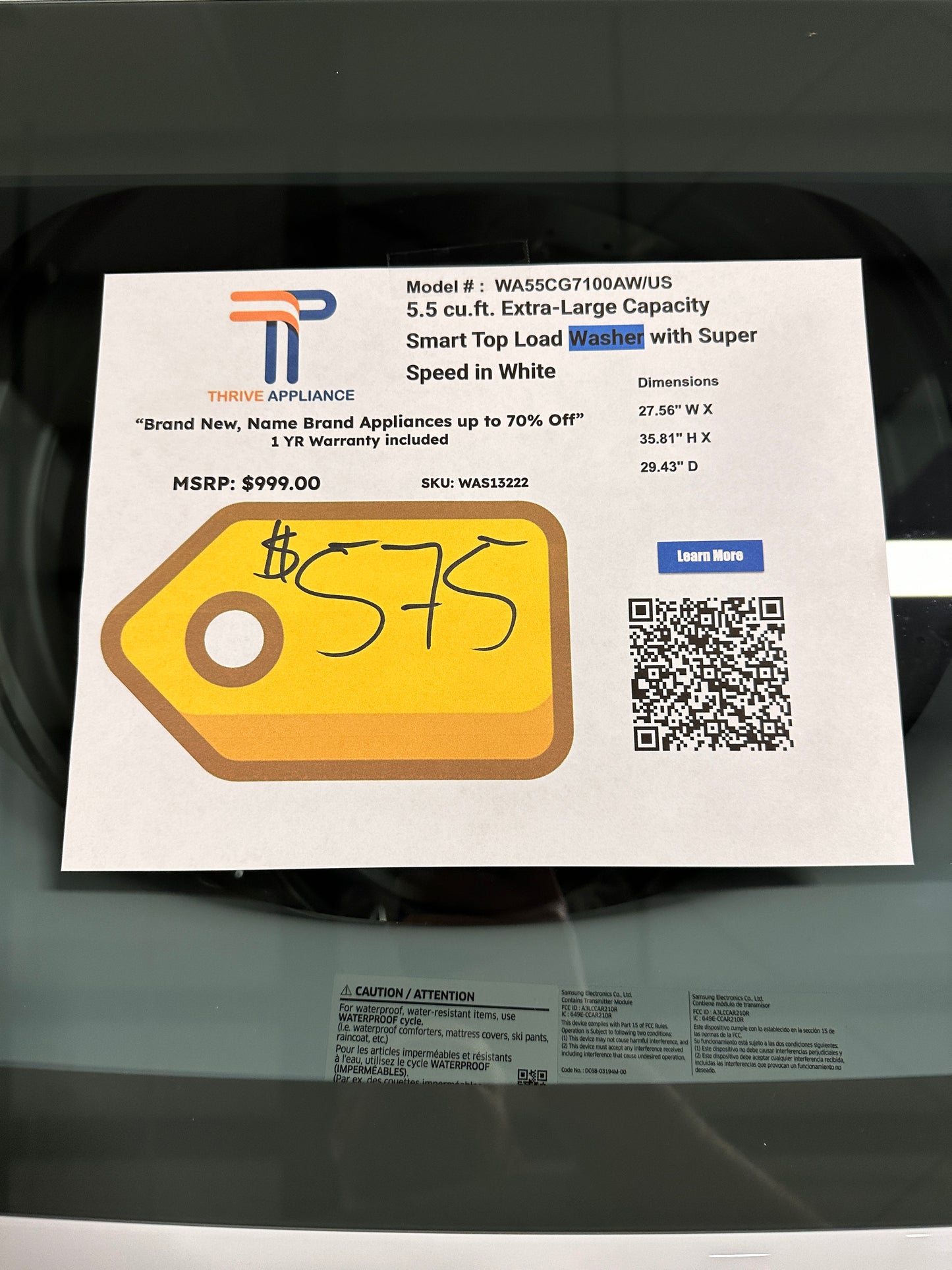 NEW SAMSUNG TOP LOAD WASHER WITH SUPER SPEED WASH MODEL:WA55CG7100AWUS WAS13222
