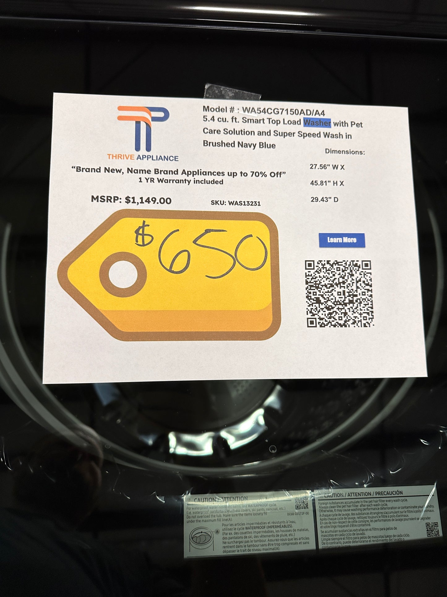 Smart Top Load Washer with Pet Care Solution MODEL:WA54CG7150ADA4 WAS13231