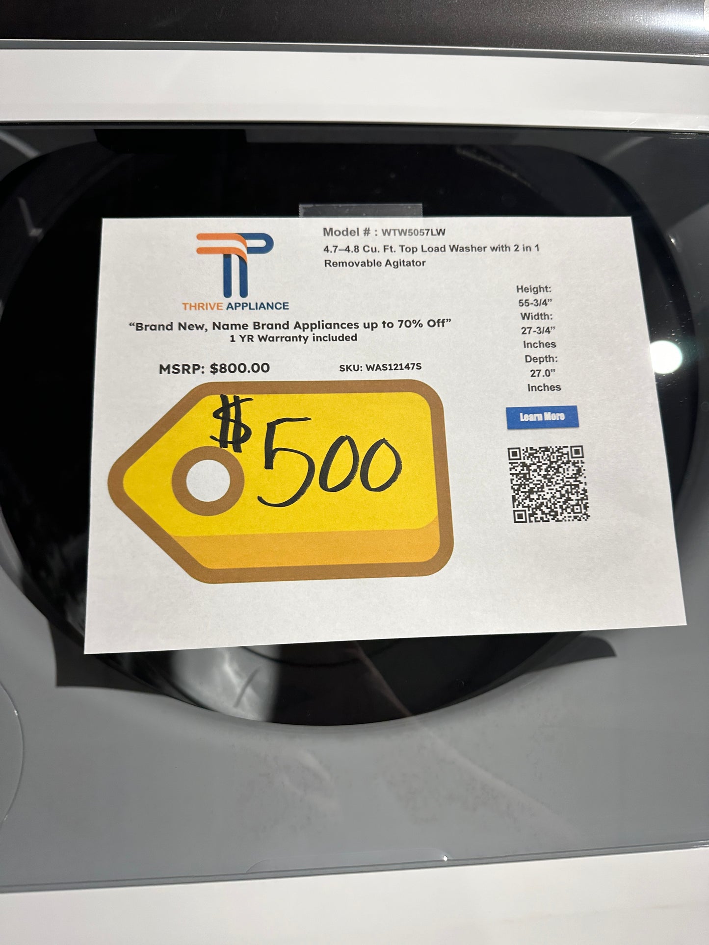 GREAT NEW WHIRLPOOL TOP LOAD WASHER with REMOVABLE AGITATOR MODEL: WTW5057LW WAS12147S