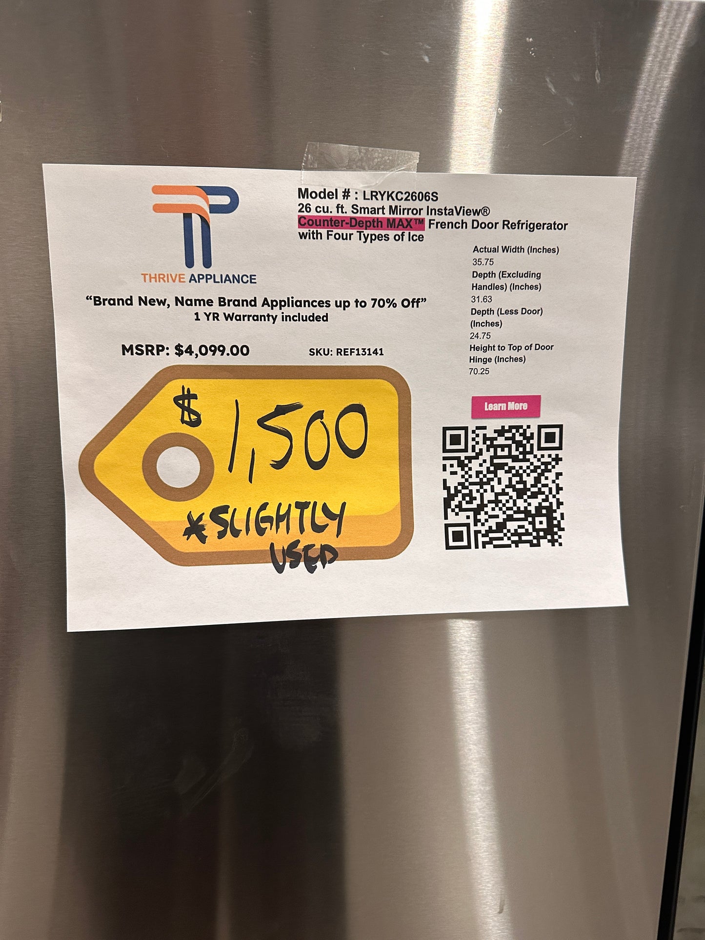 LIKE NEW LG COUNTER DEPTH SMART REFRIGERATOR MODEL:LRYKC2606S REF13141
