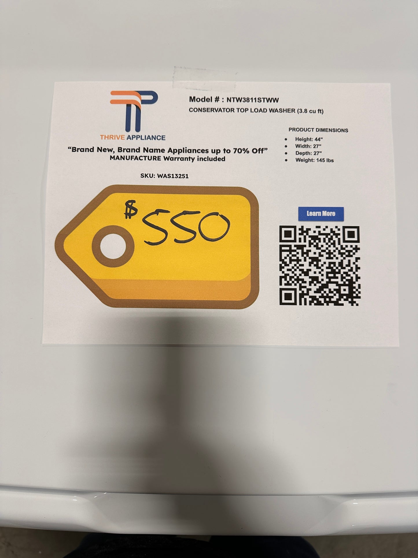 BRAND NEW TOP LOAD WASHER WITH SPIRAL AGITATOR MODEL:NTW3811STWW WAS13255