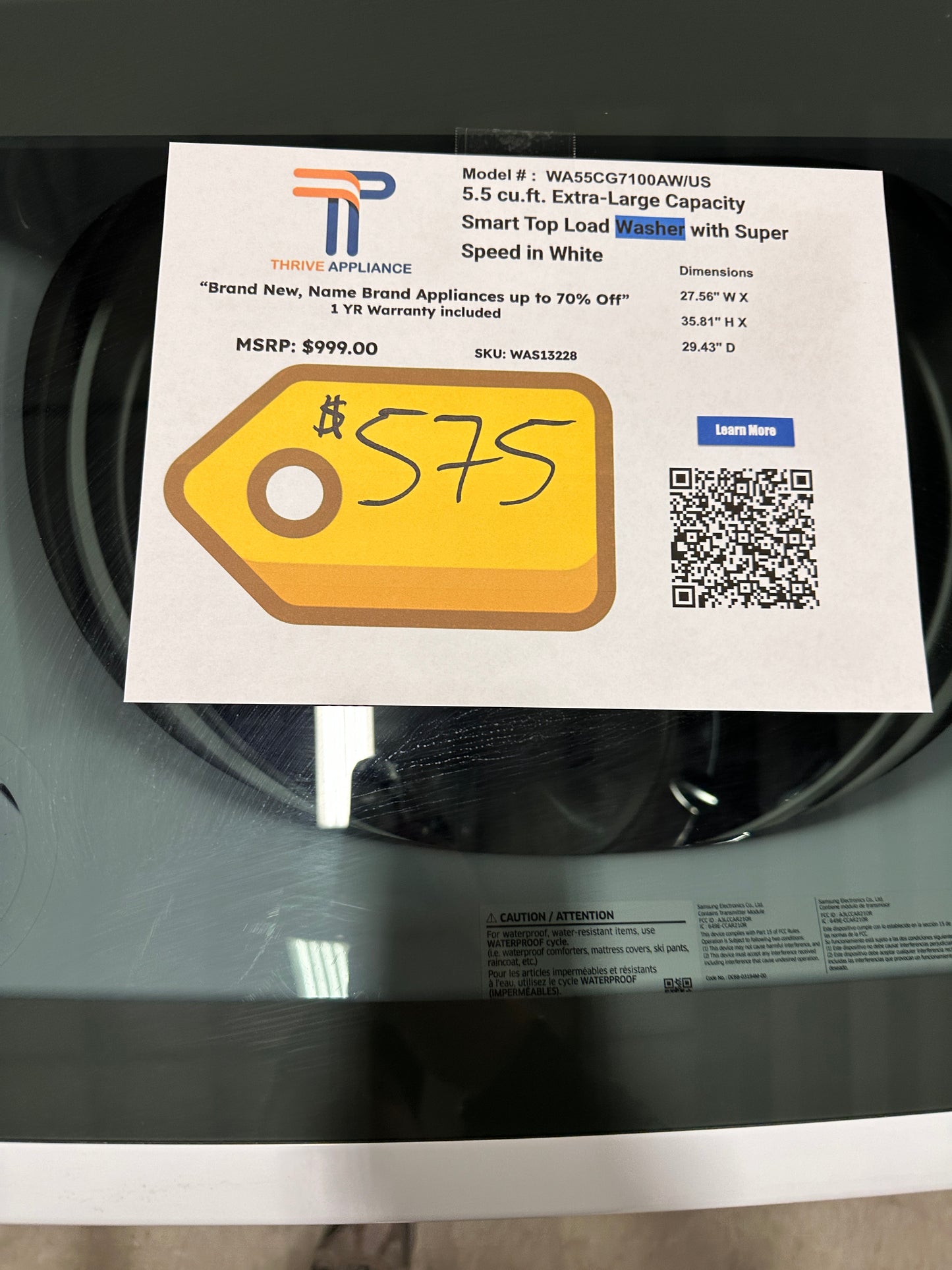 GREAT NEW SAMSUNG SMART TOP LOAD WASHER with SUPER SPEED WASH MODEL: WA55CG7100AWUS WAS13228