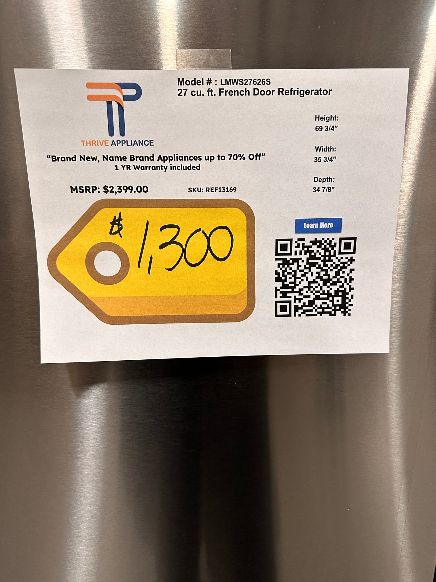 LG 26.9 CU FT FRENCH DOOR REFRIGERATOR MODEL: LMWS27626S REF13169