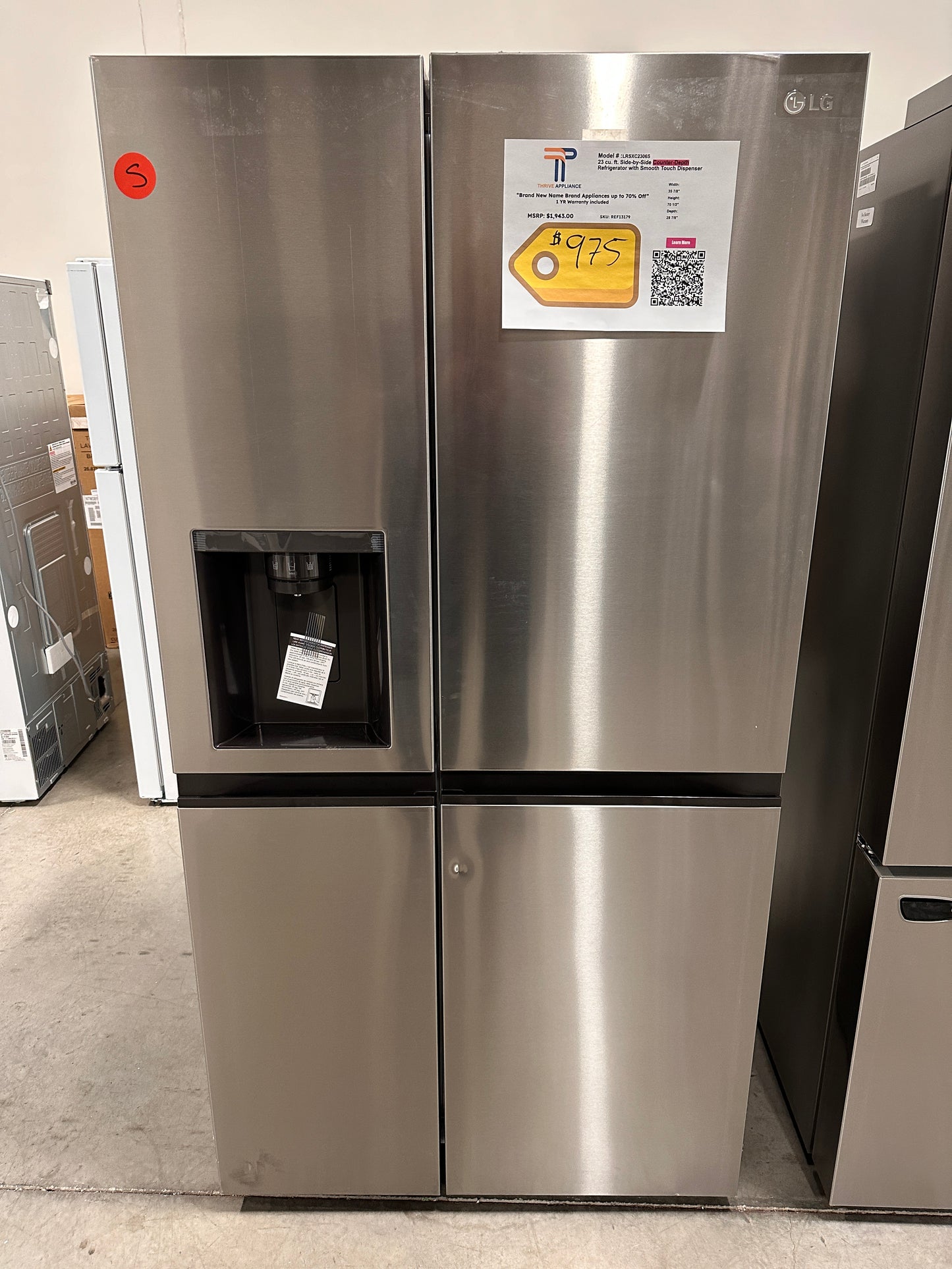 NEW SIDE BY SIDE STAINLESS STEEL LG COUNTER DEPTH REFRIGERATOR MODEL: LRSXC2306S REF13179