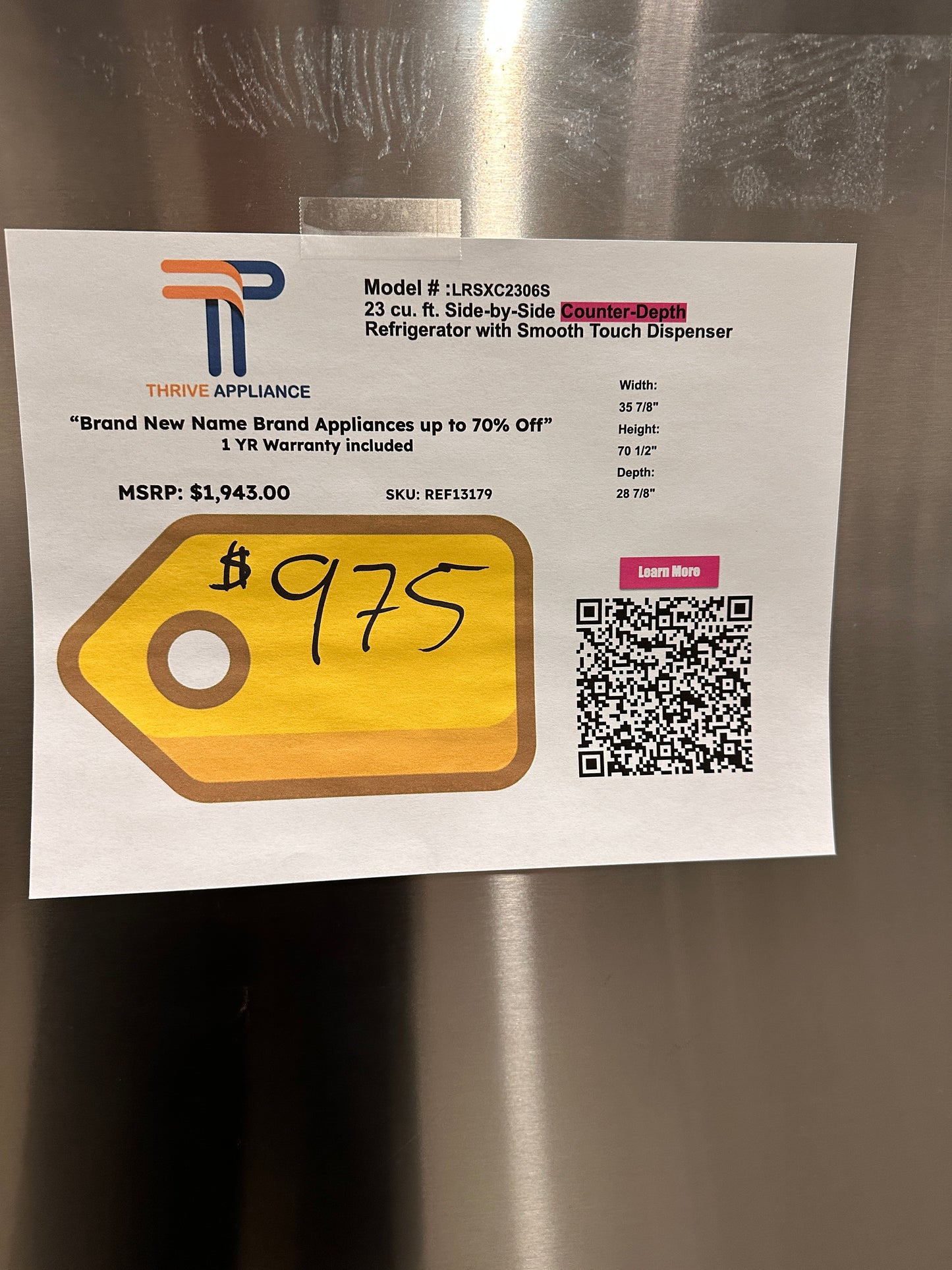 NEW SIDE BY SIDE STAINLESS STEEL LG COUNTER DEPTH REFRIGERATOR MODEL: LRSXC2306S REF13179