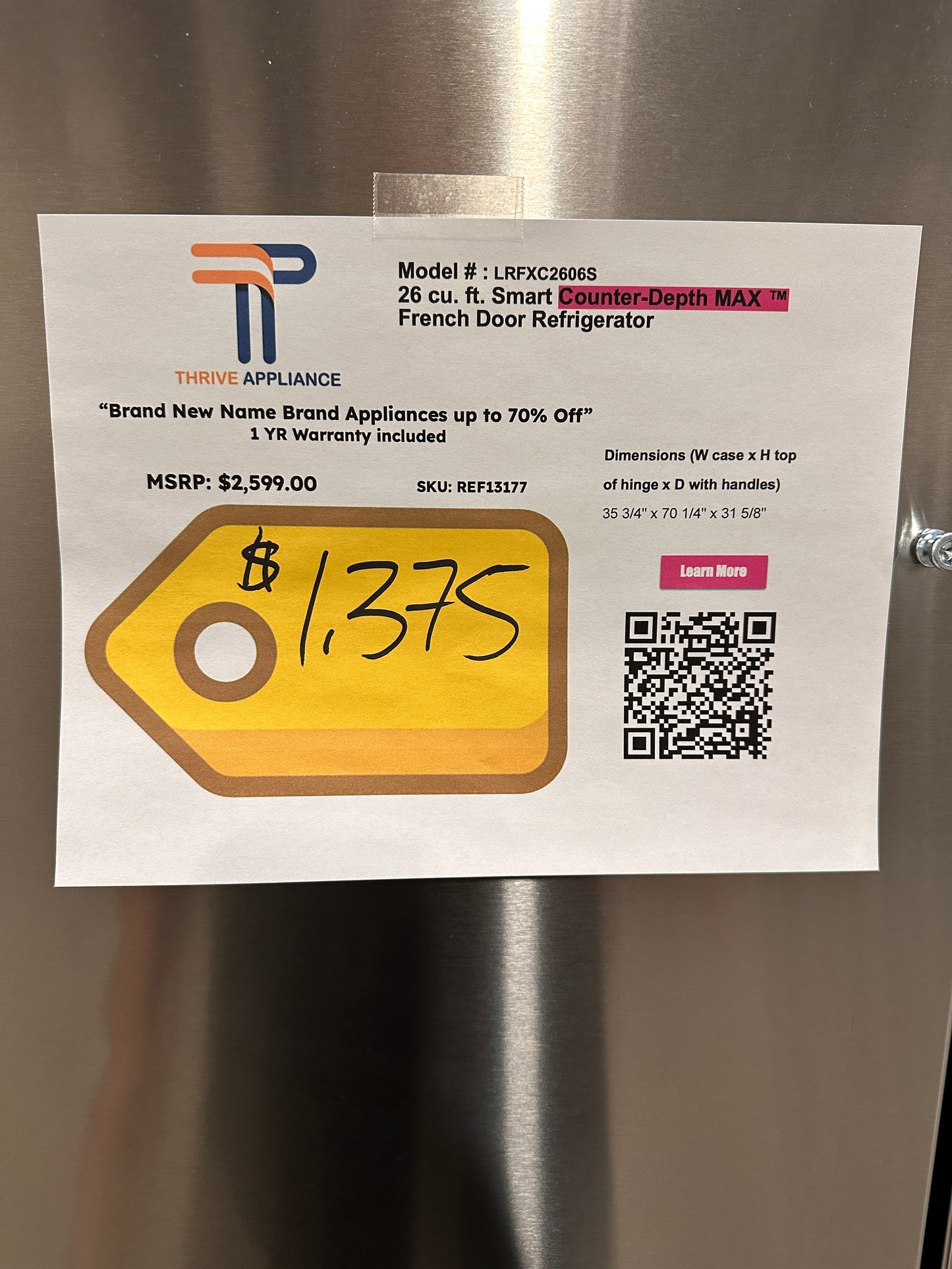COUNTER DEPTH LG FRENCH DOOR REFRIGERATOR MODEL: LRFXC2606S REF13177