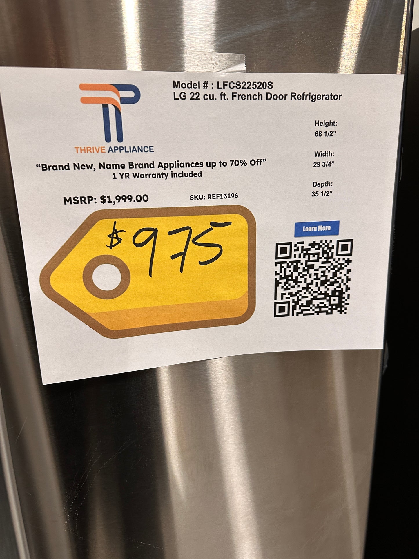 NEW LG 21.8 CU FT REFRIGERATOR with SMART COOLING SYSTEM MODEL: LFCS22520S REF13196
